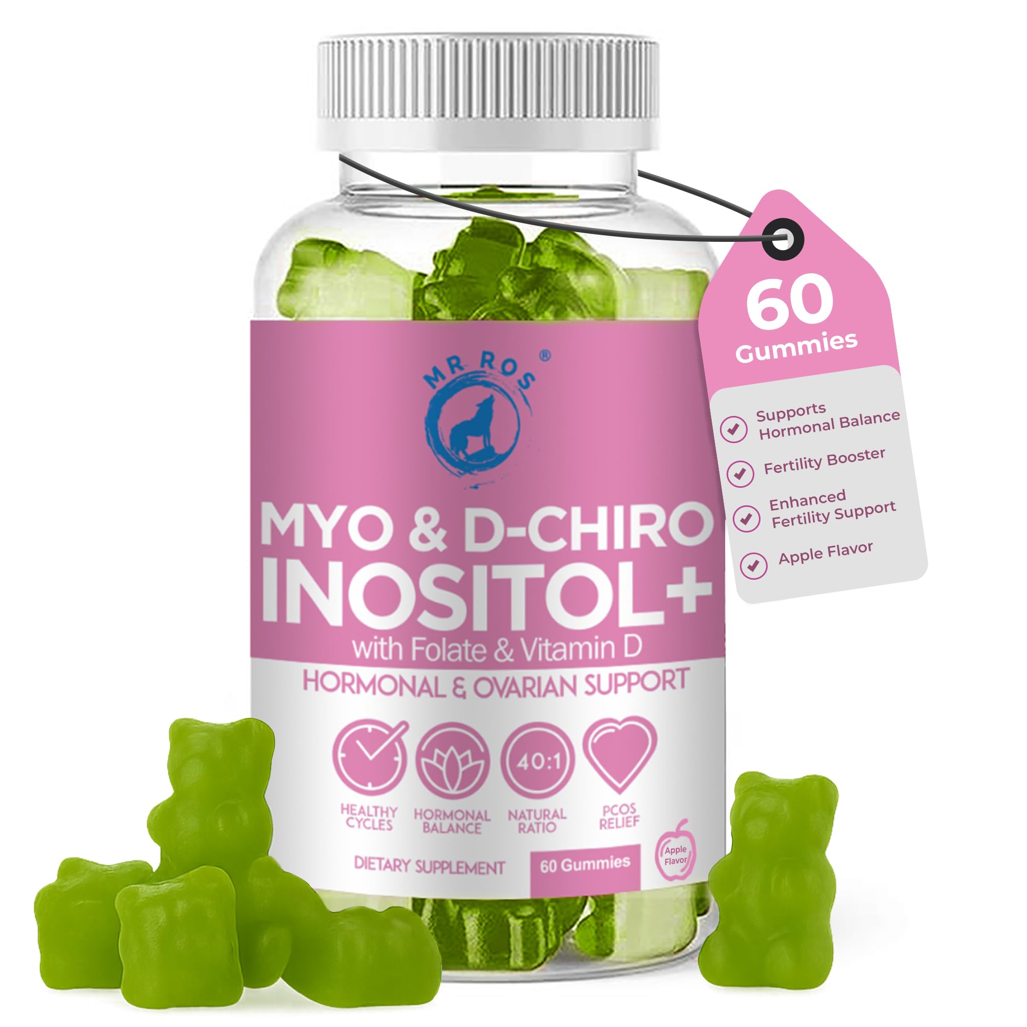 Inositol Gummies PCOS with Folate & Vitamin D - Myo & D-Chiro Inositol Blend, 40:1 Ratio, 60 Apple Flavor Gummies