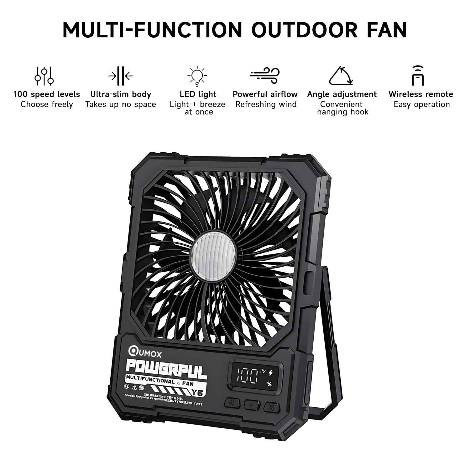 QUMOX Y6 Ventilador de Camping Recargable con Luz LED, Negro | Batería 20000mAh, Mando a Distancia, 4 Velocidades y 4 Modos de Luz, Temporizador 2/4/6H