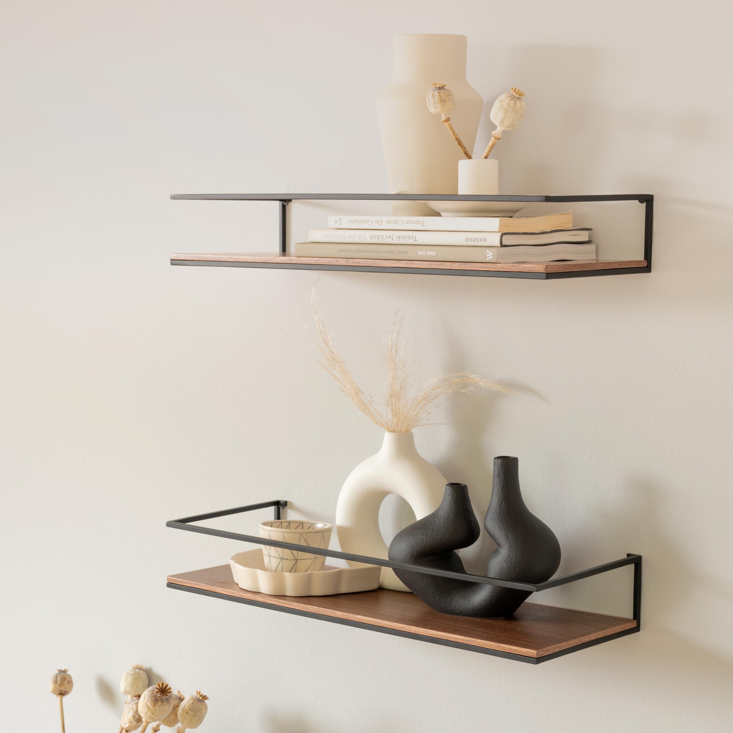 Kazai. Set di Mensole da Muro -STENN- | Mensola da Parete in Metallo e Impiallacciatura in Vero Legno | Scaffale per Bagno, Soggiorno, Cucina e Camera da Letto | Noce