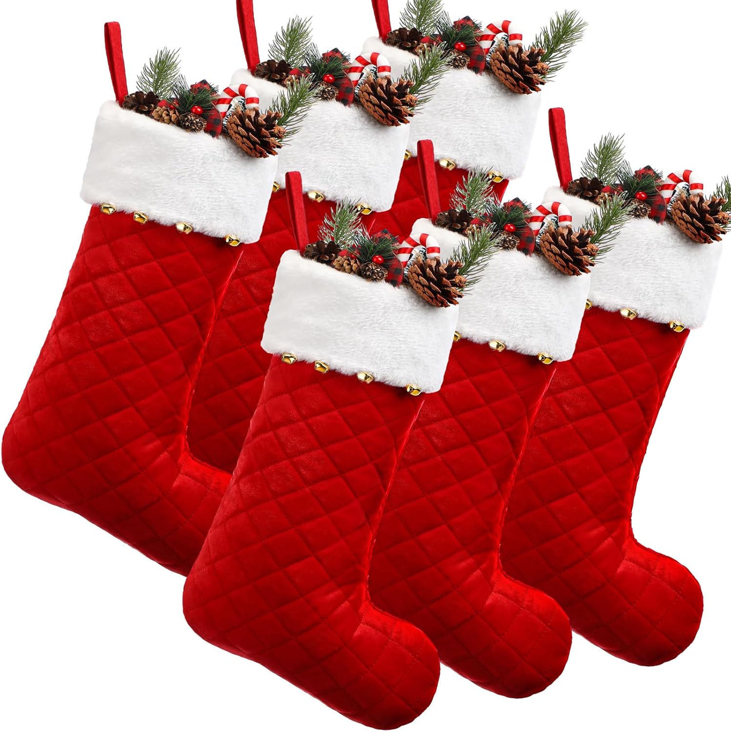 Geyoga 6 Pack Velvet Christmas Stocking with Bells Quilted