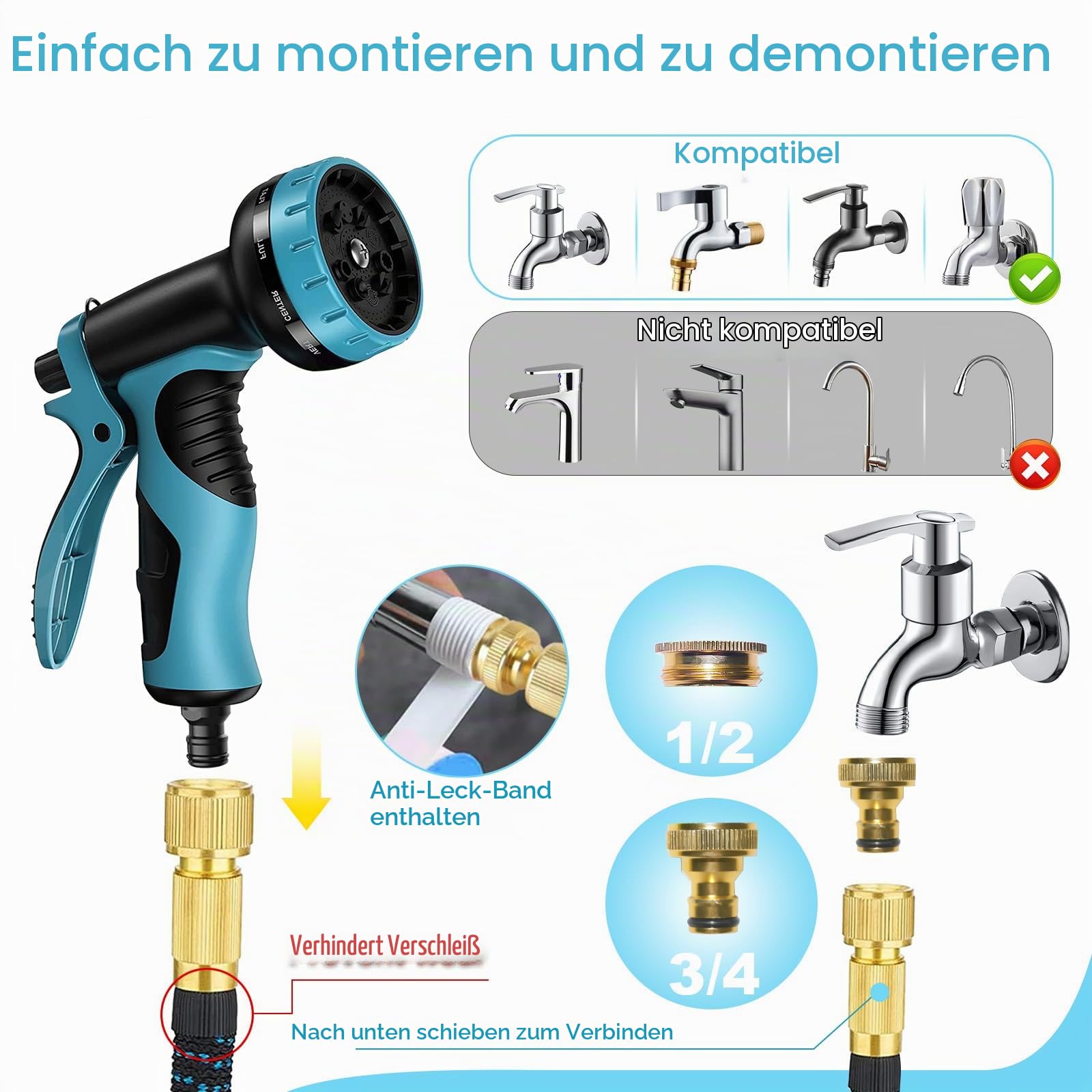 Flexibler Gartenschlauch 100FT 30M,Wasserschlauch Dehnbarer Strapazierfähiger 3750D flexibel Schlauch, mit 3/4" und 1/2"massiven Messingbeschläge 10-Funktionsschlauchdüse,zum Waschen und Gießen