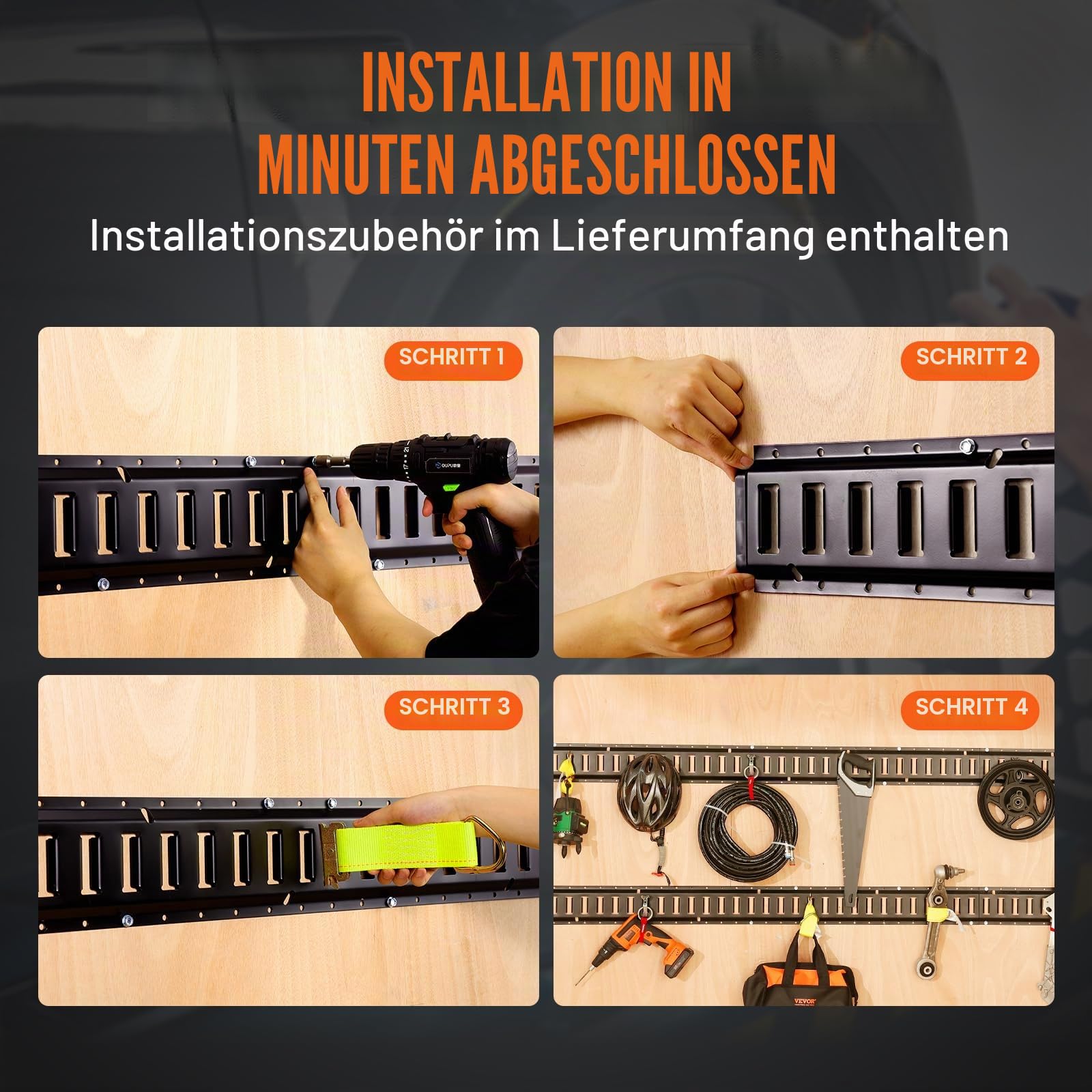 VEVOR E-Track-Zurrschienen-Set, 18-teilig, 1524 mm E-Tracks-Set, inkl. 4 Stahlschienen & 8 O-Ring-Anker & 4 Zurrgurte mit D-Ring & 2 Ratschengurten, Sicherungszubehör für Lastenmotorräder, 907 kg