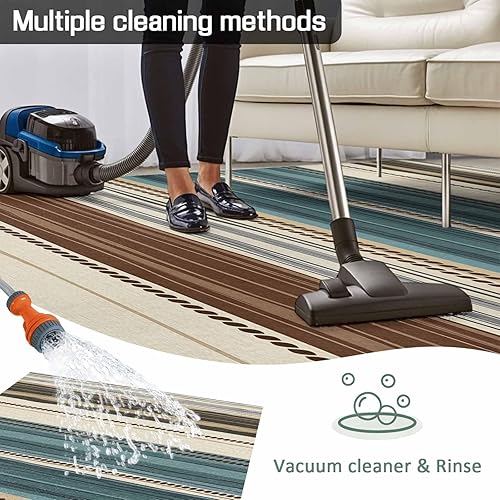 Miniatura 6 de Teal Blue Green Striped Boho Outdoor Area Rug 6'x9',Patio Balcony Porch Front Door Camping Camper RV Deck Runner Rug,Washable Carpet Indoor Living