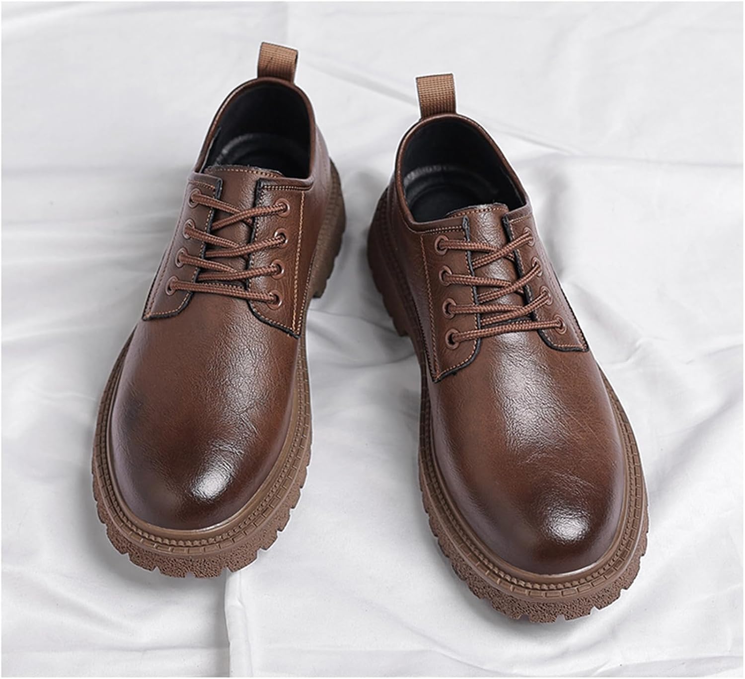 Men's Vintage Leather Lace Up Platform Oxfords Shoes Round Toe Low-Top Non-Slip Soft Business Formal Dress Shoes - Image 4