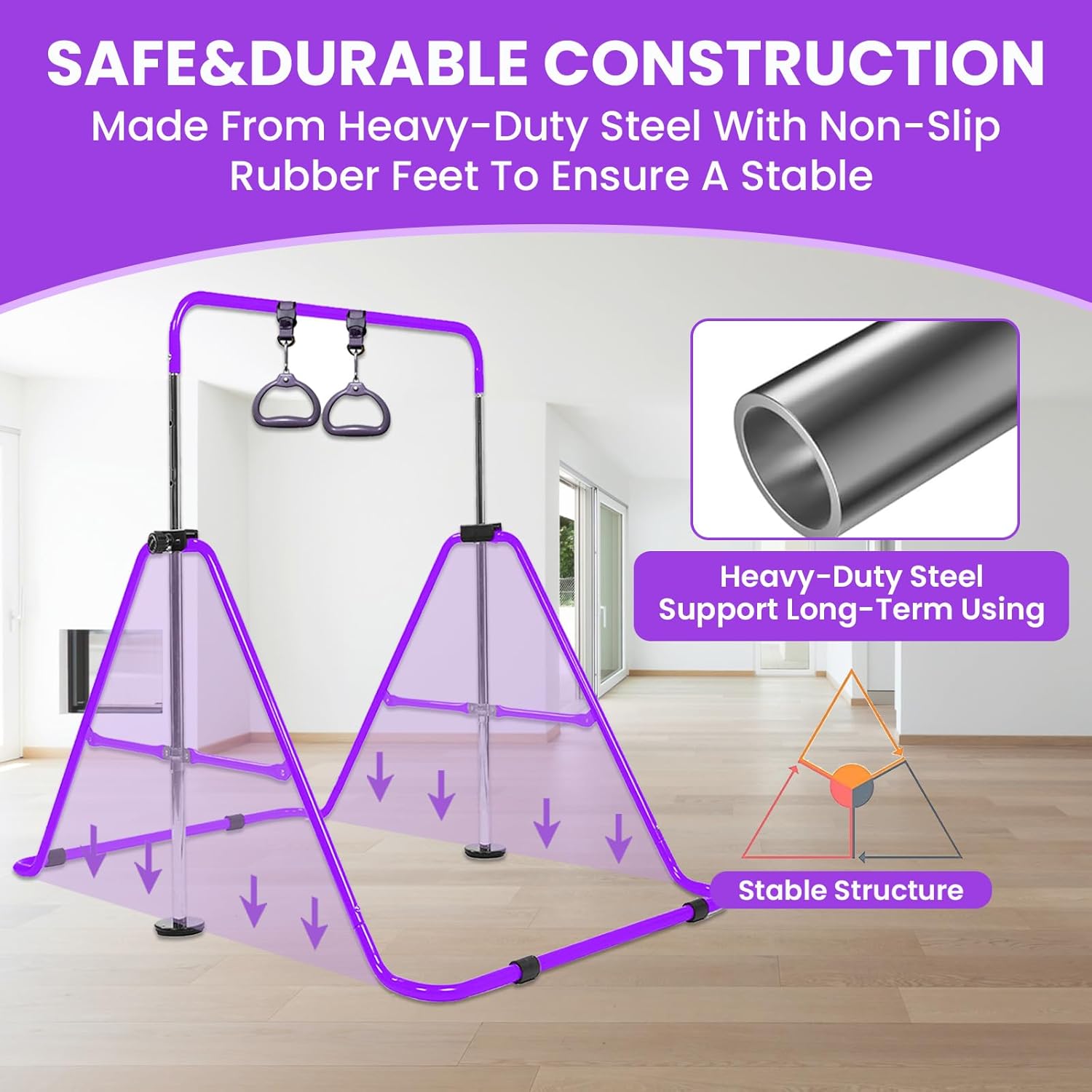 Amrta Foldable Gymnastics Bar with Rings, Adjustable Collapsible Horizontal Training Equipment Set for Indoor Outdoor Home Use Gym Gift in Pink Purple Blue