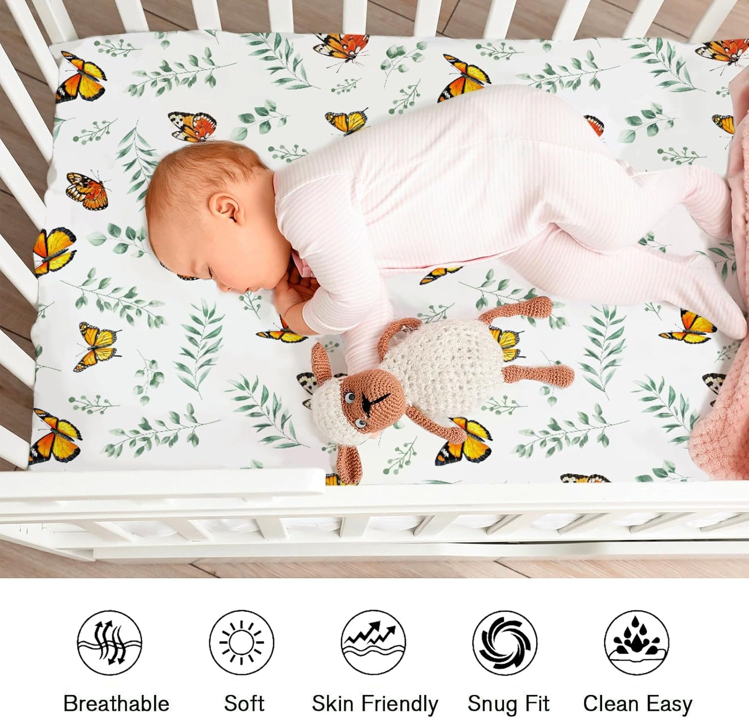 Vintage Butterflies Green Leaves Baby Crib Sheets Girl Boy 52"x28" Boho Butterflies Greenery Fitted Crib Mattress Cover Soft Breathable Spring Garden Baby Sheets for Standard Crib and Toddler Mattress