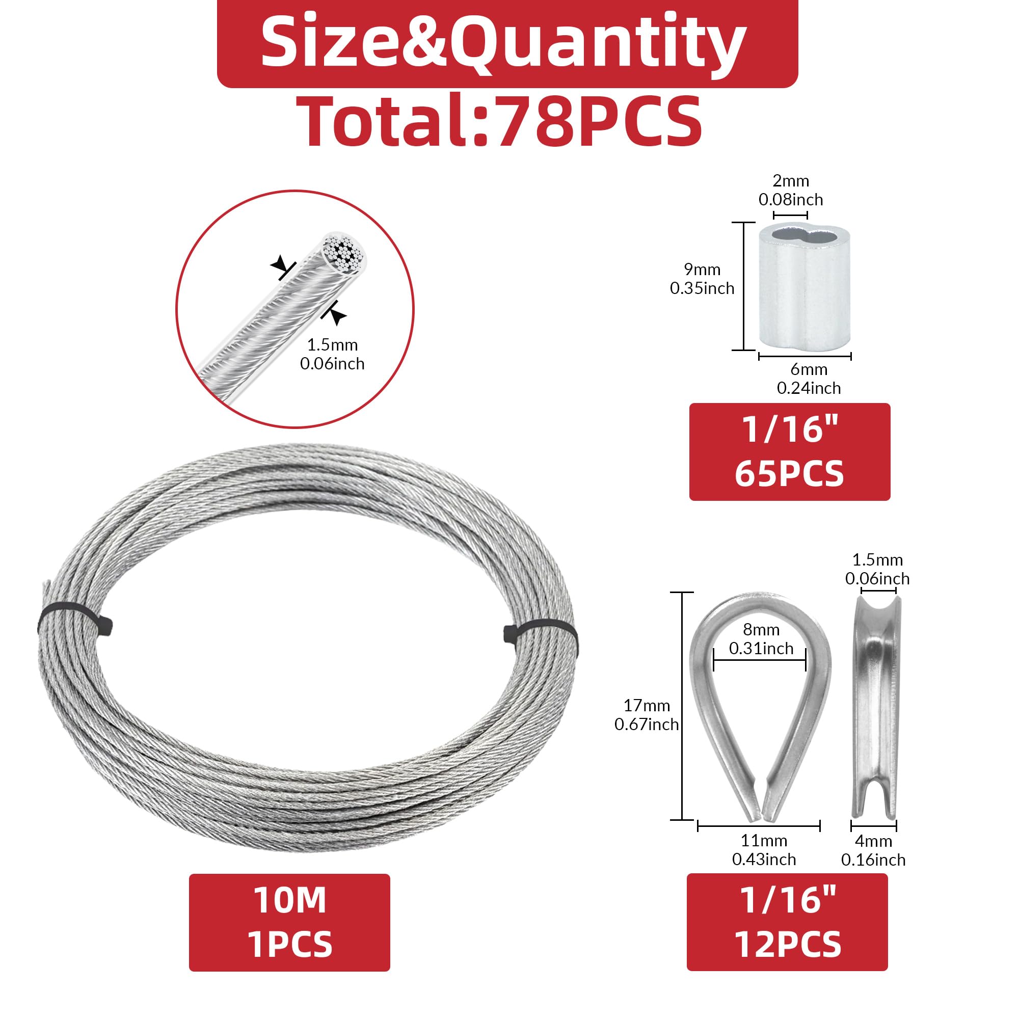 AIMUNOK 78PCS 10M Wire Rope Stainless Steel and Wire Rope Cable Thimbles Aluminum Crimping Loop Sleeve 1/16“ for Wire Rope Cable Thimbles Rigging