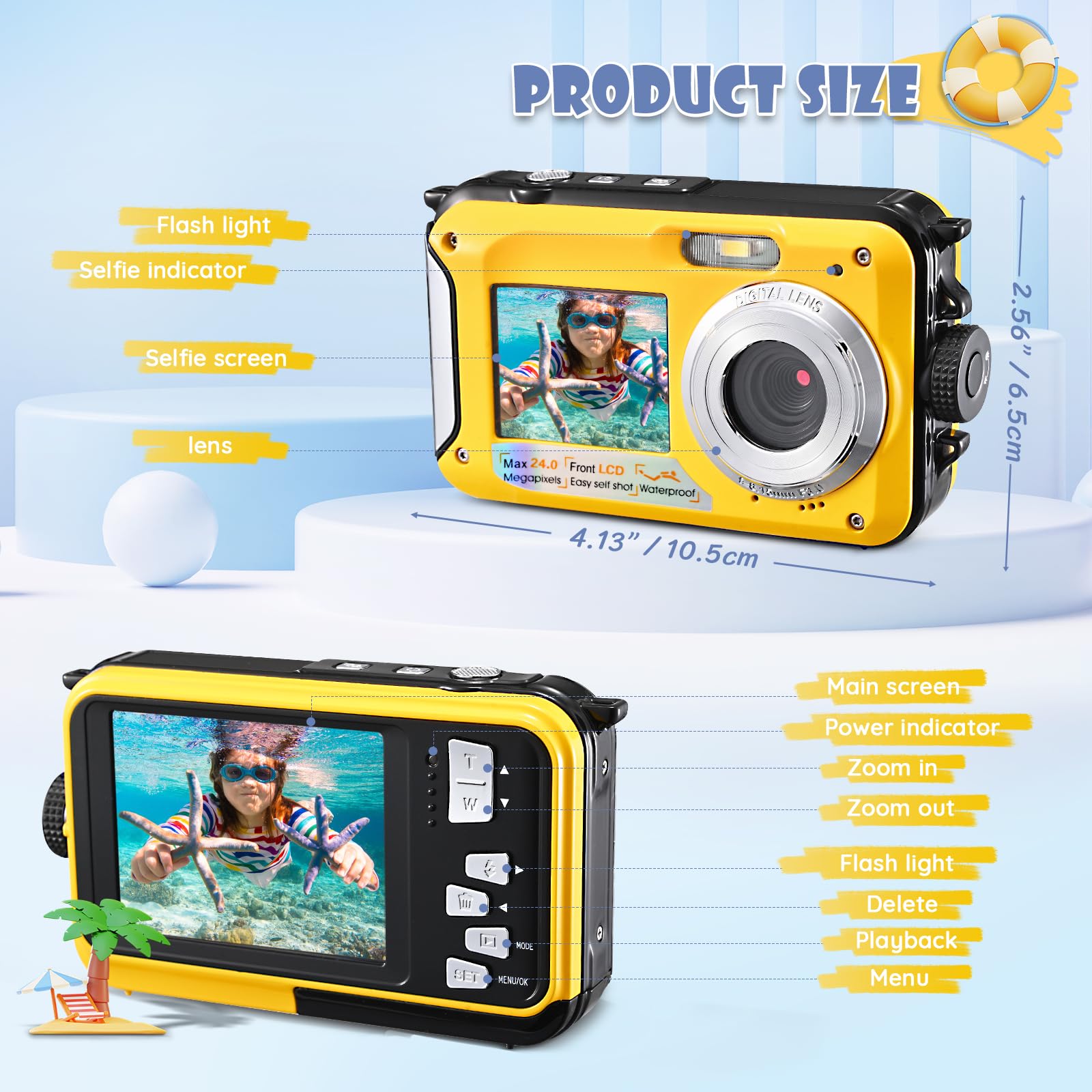 Fotocamera Digitale Impermeabile,Couleeur Macchina Fotografica Subacquea Full HD 2.7K 48MP Doppio Schermo Anti-Shake con Microfono LED Autoscatto e Zoom Digitale 16X per Bambini Adolescenti(giallo)