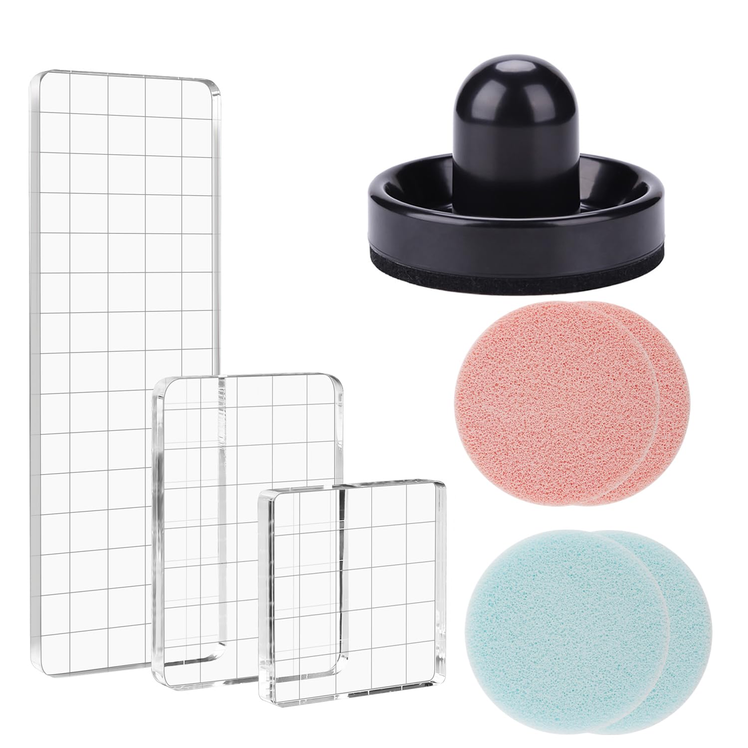OTCRAFT 8Pcs/Set 3 Acrylic Blocks Clear Stamp Block with Grid with 1 Pressing Stamping Tool 4 Stamp Scrubber Set Stamping Tools for Scrapbooking Crafts Card Making, Assorted Sizes Tool Set
