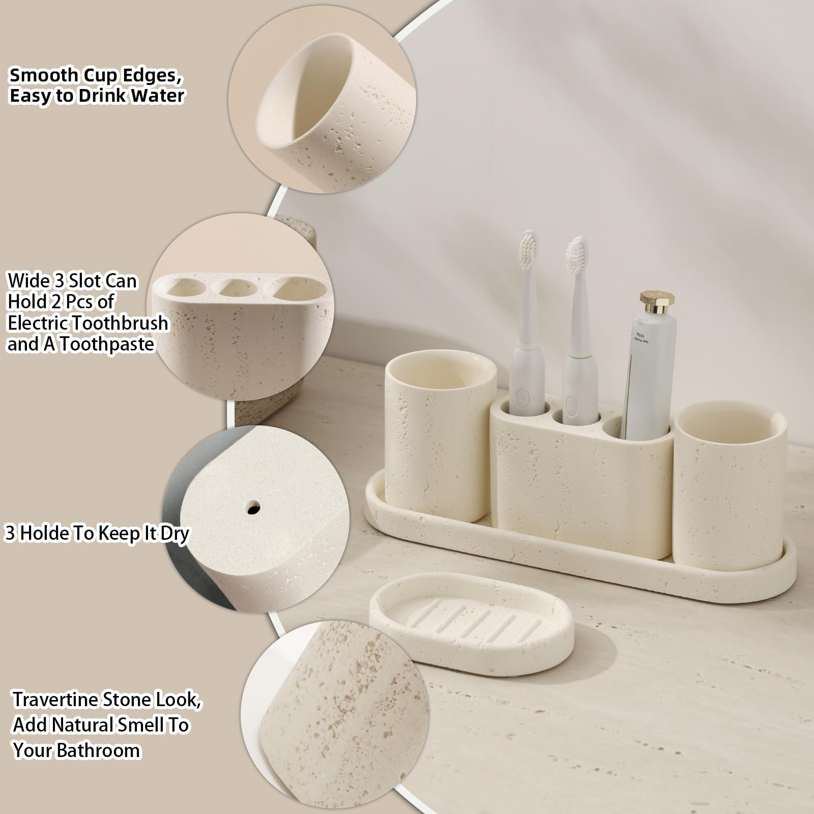 Juego de accesorios de baño, juego de 4 soportes para cepillos de dientes, incluye 3 ranuras para cepillo de dientes eléctrico y soporte para pasta de dientes, 2 vasos y bandeja para baño 3