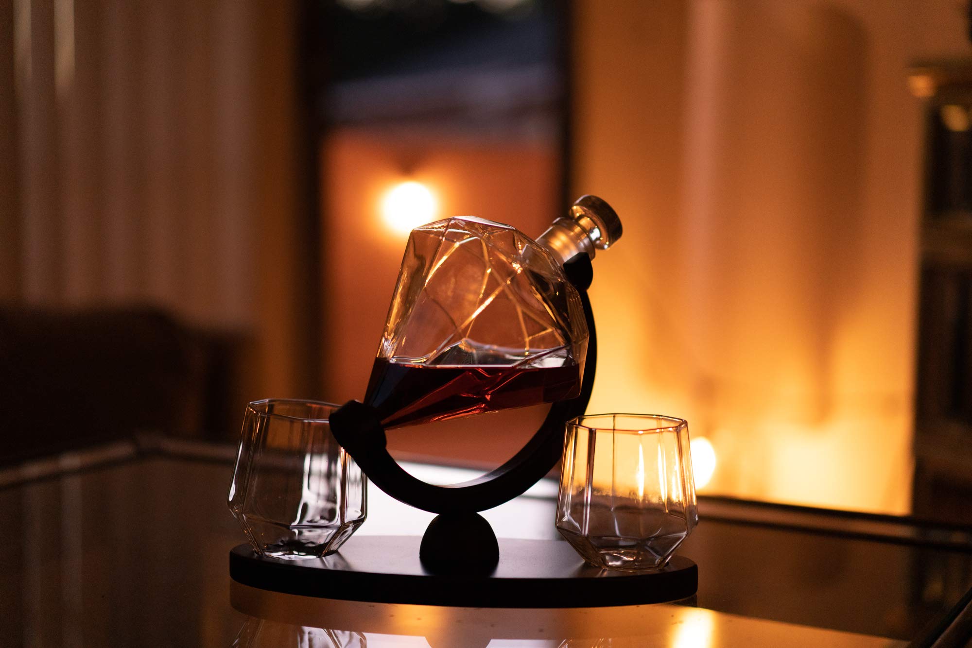 Whiskey Decanter Set with Glasses ARMZAS for Men and Women Diamond Decanter with 2 Drink Glasses and Wooden Stand, Cool Luxury Decanter for Vodka Wine Whisky Liquor Bourbon Christmas Gift Idea