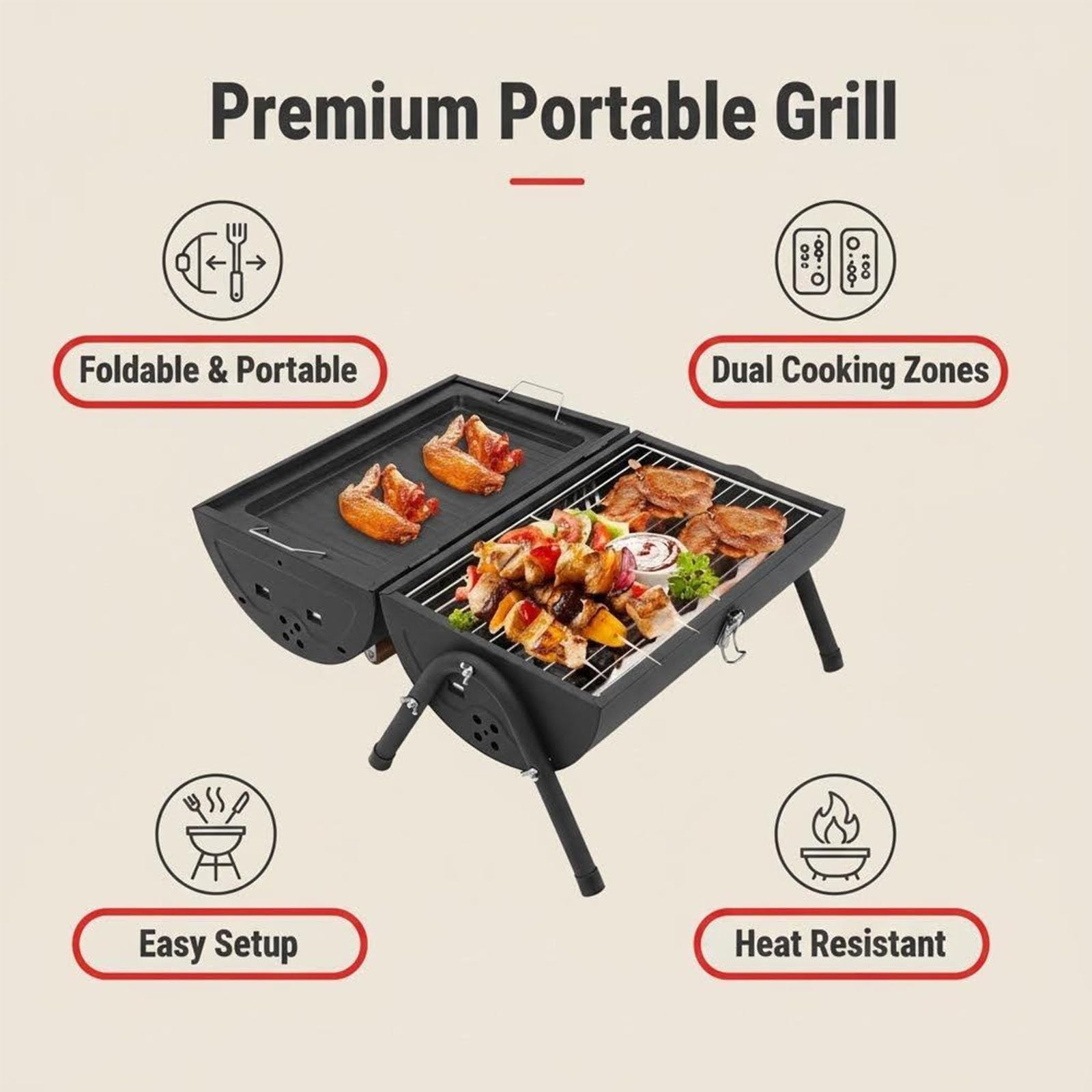 Przenośny grill na węgiel drzewny, składany mini grill do gotowania na zewnątrz, wytrzymały żelazny grill na kemping i imprezę na podwórku, kompaktowa konstrukcja blatu