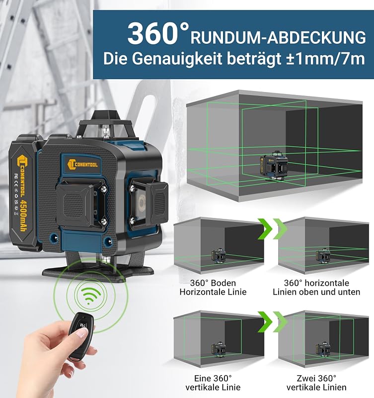 Conentool 16 vonalas zöld keresztsugár lézer szintező, önbeálló 360 fokos, forgatható, 30 óráig, 2x4500 mAh akkumulátor