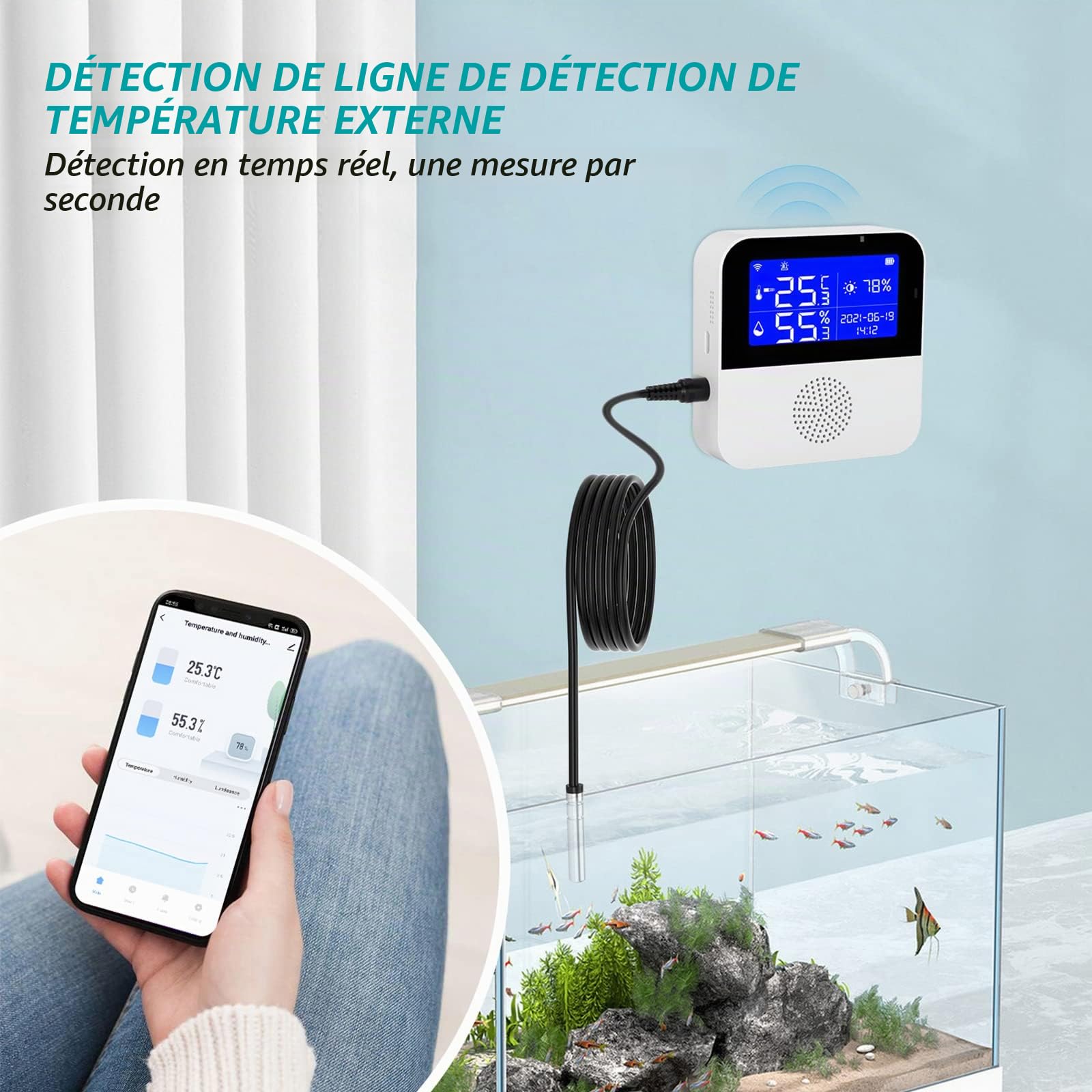 Thermomètre hygromètre sans fil WiFi Thermomètre hygromètre Application Notification et stockage de données Bluetooth Fonctionne avec Alexa/Google