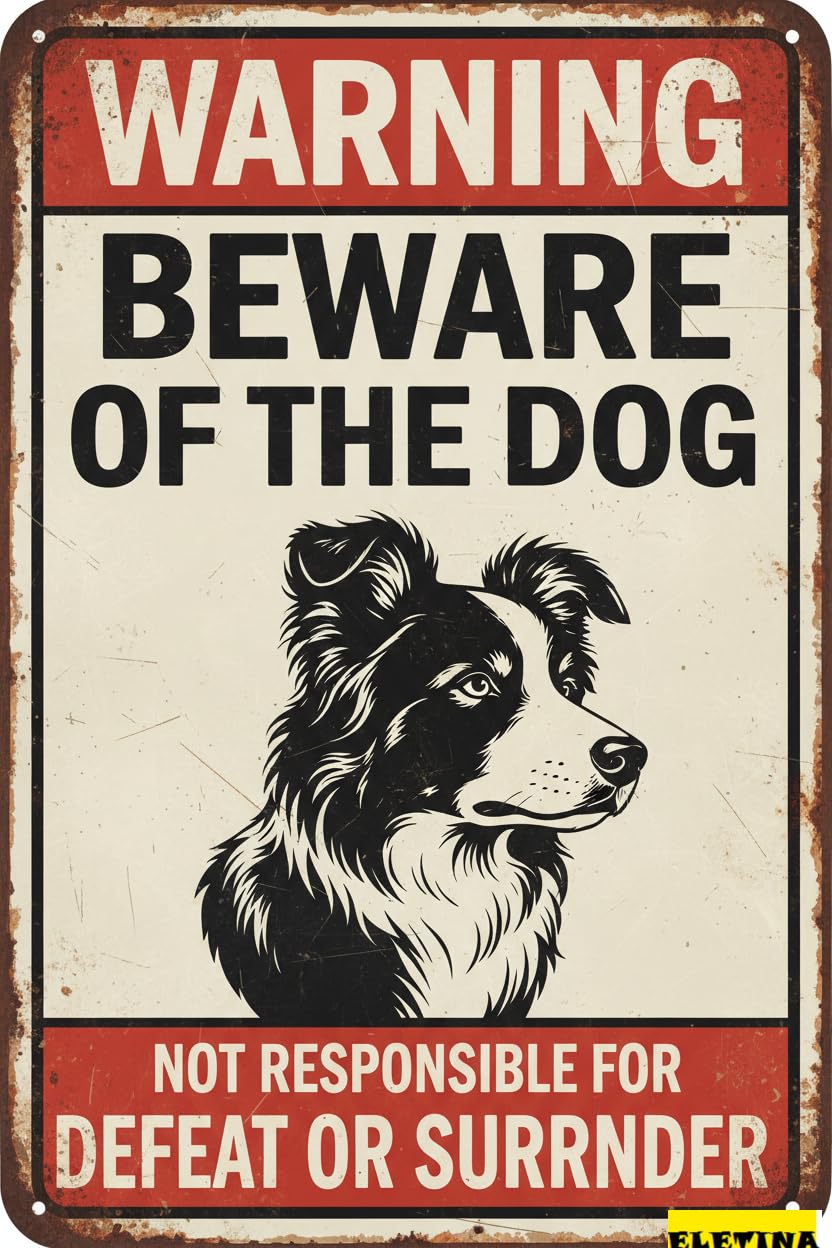 Vintage Metal Tin Sign for Man Cave Beware Of Dog Border Collie Warning Iron S Outdoor Yard Warning Fence Yard Home Kitchen Farm Garden Wall Decor 8x12 Inch Private Property Decorative
