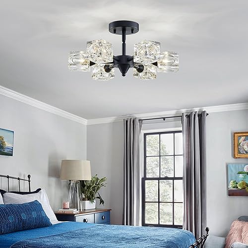 Miniatura 6 de XINGQI Sputnik - Lámpara de techo de 6 luces color negro, semiempotrada, lámpara de techo industrial, iluminación de vidrio para pasillo, comedor,