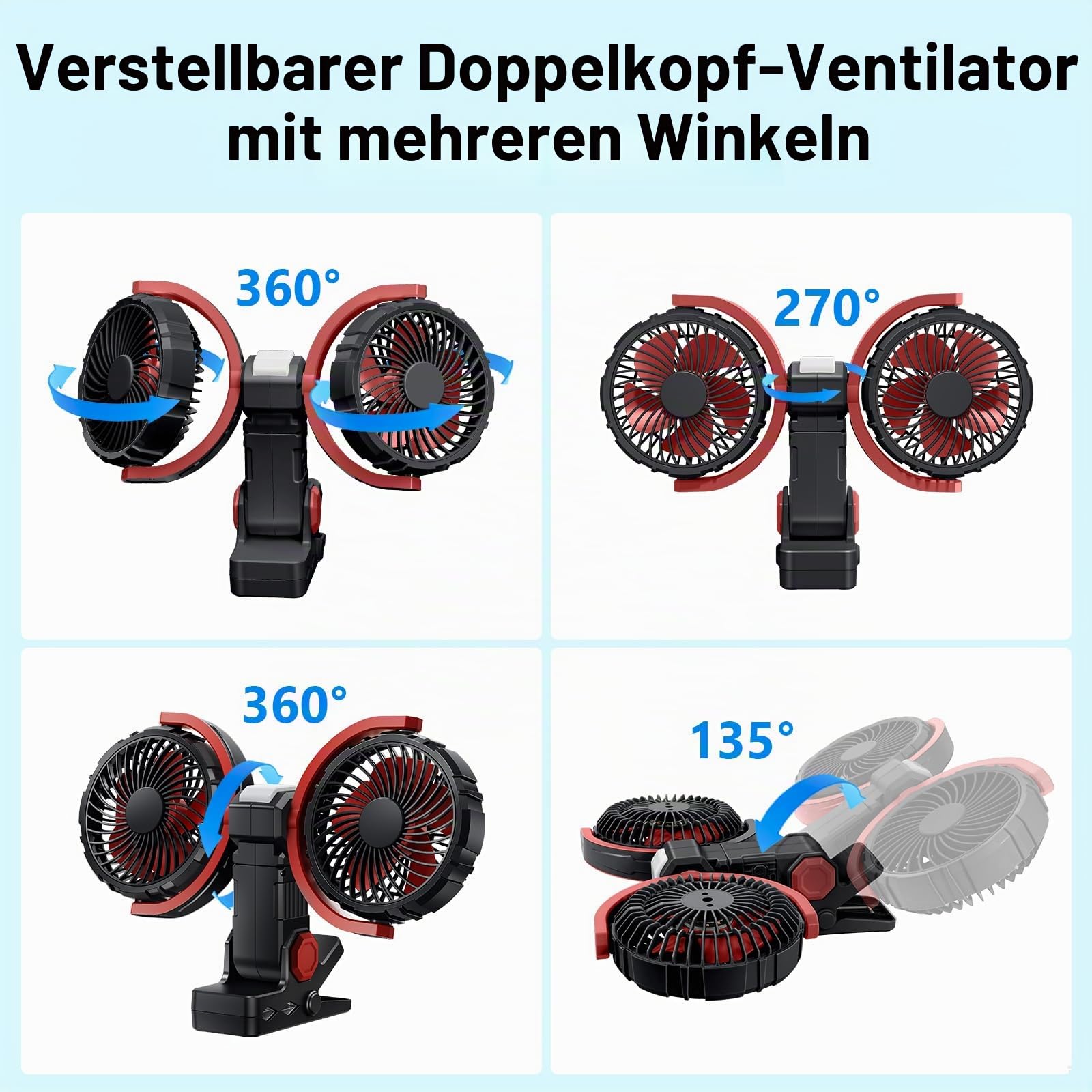 Clip Ventilator Akku mit Licht, USB C Aufladbar Leise Fan Doppelkopf Wandventilator,Stark Lufter Klemmbar für Büro, Bett,Schlafzimmer, Auto, Wohnmobil(Tiefschwarz)