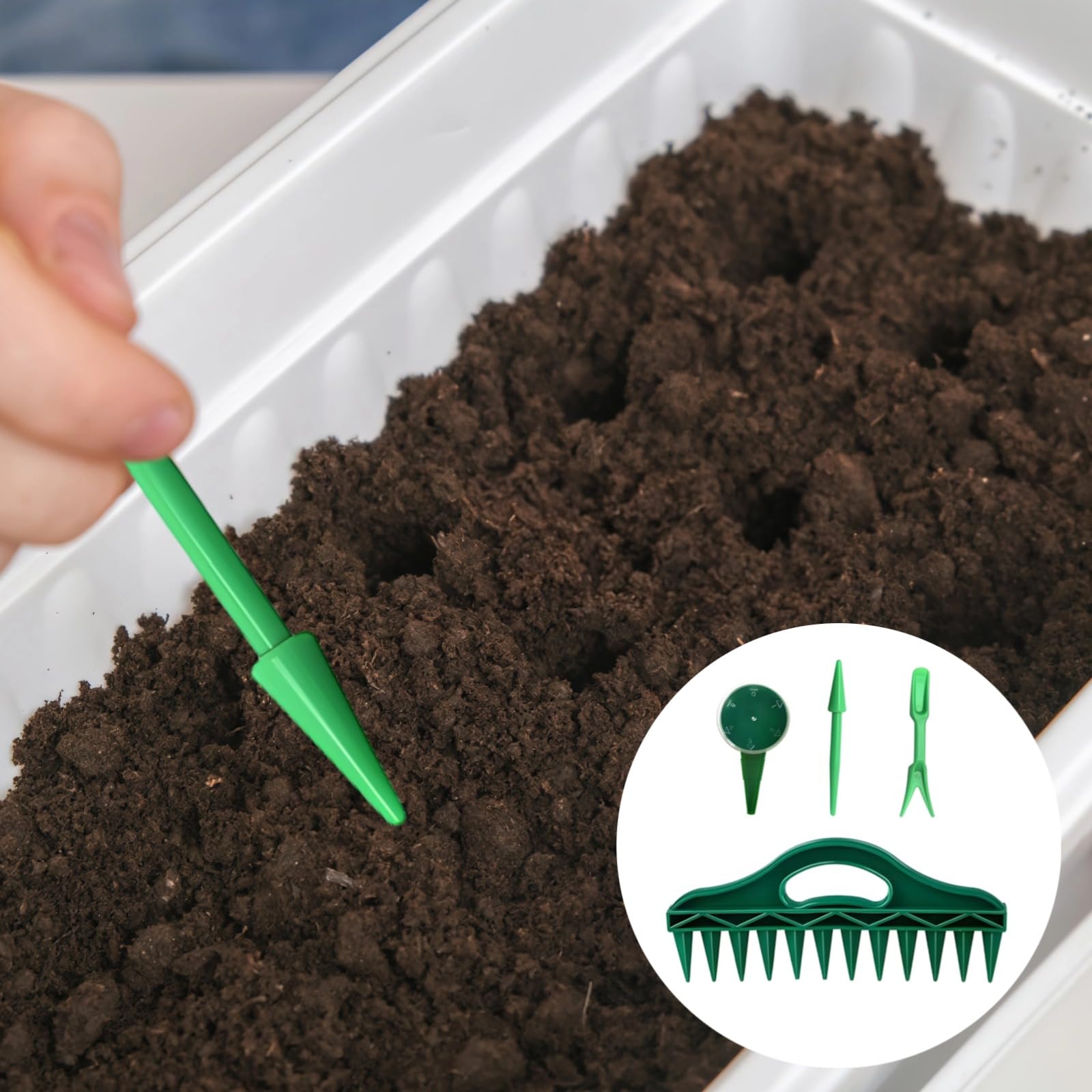 Juego de 4 herramientas de siembra de jardín, dispensador de siembra con tenedor y herramienta puntiaguda, juego de espaciadores para siembra y aflojamiento del suelo, para flores, verduras y árboles