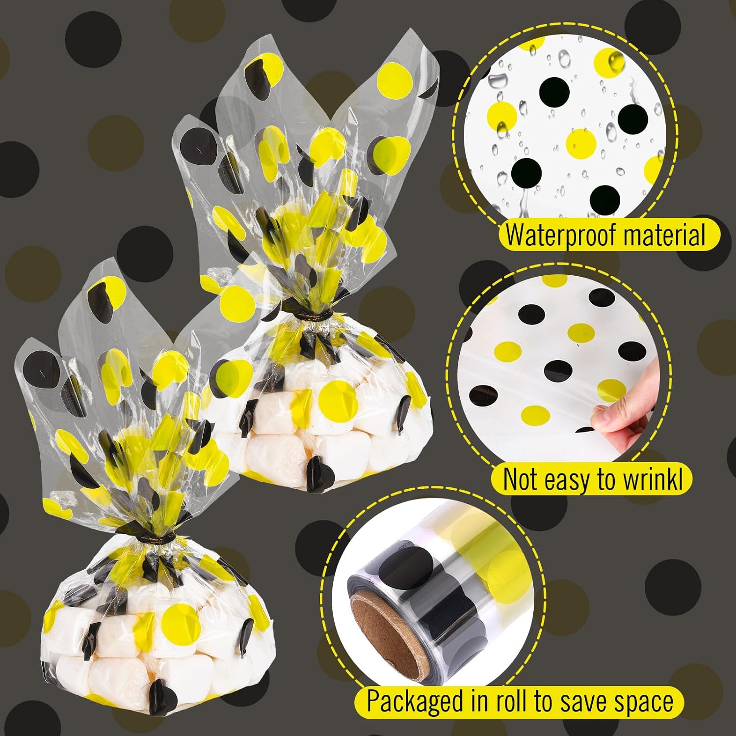JarThenaAMCS 2026 Graduation Cellophane Wrap Roll 16" x 100 Ft Black Yellow Polka Dot Gift Baskets Wrap Cellophane Film Cello Wrapping Paper for Gift Bags Grad Party DIY Craft Party Favor Treats