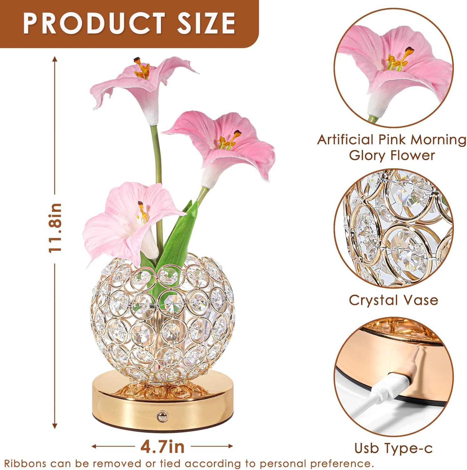 Pink Morning Glory Flowers Table Lamp, Rechargeable Cordless Touch Artificial Flower Crystal Lamp, Kitchen Bedroom Office Decor House Night Light, Birthday Gifts for Women Mom