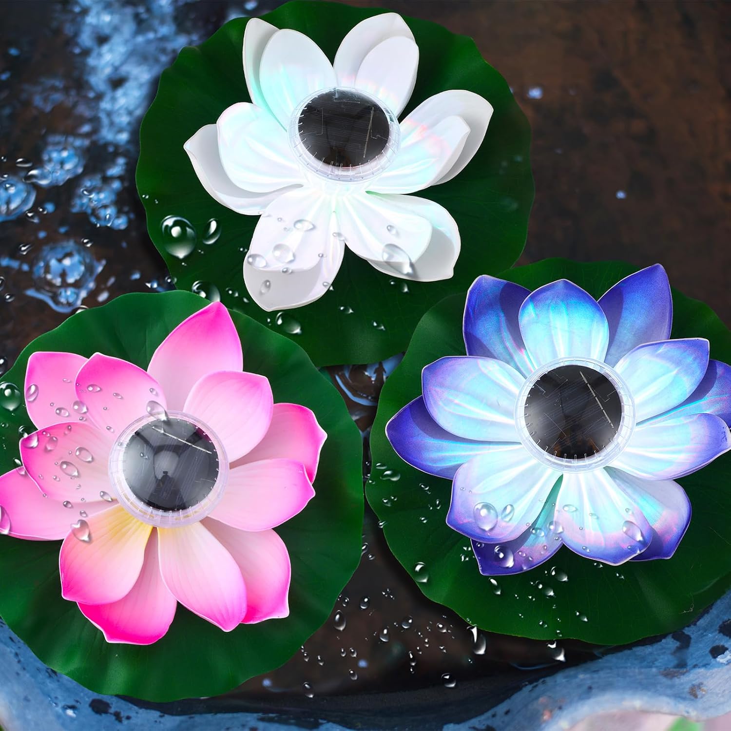 VIHOSE 4 Pcs 11 Inch Diwali Solar Pond Pool Light Floating Lotus Lamp Lily Pad Flower Pool Light Solar Floating for Pond Garden Decoration