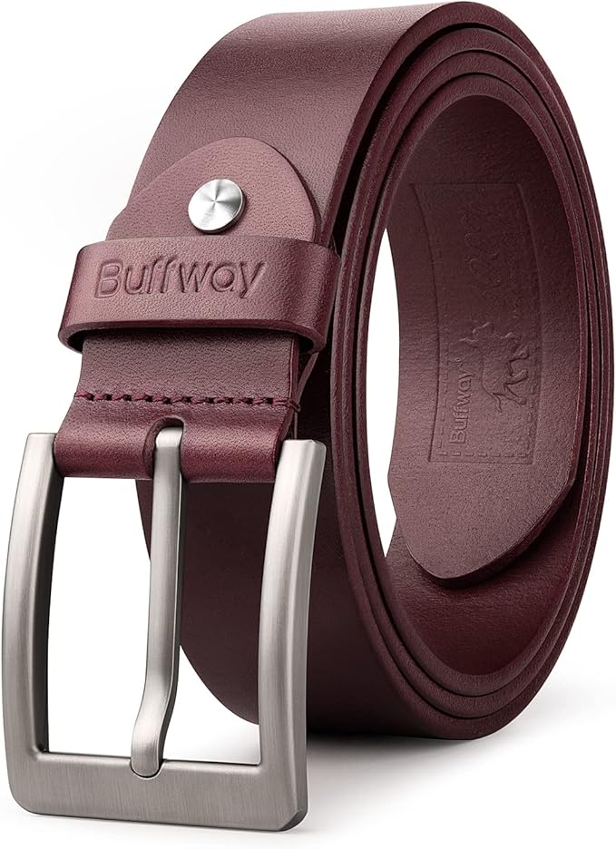Buffway Minimalist 1.5" Full Grain Leather Belts for Men with Metal Buckle, Heavy Duty Mens Casual Belts in Gift Box