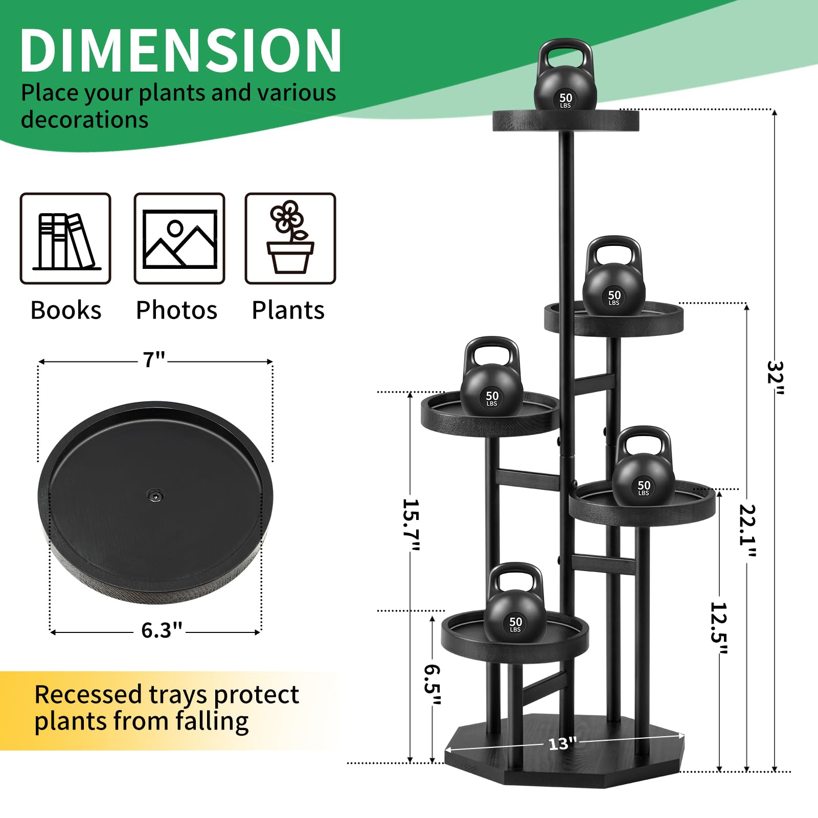 TEAKMAMA 5 Tier Plant Stand Black Tall Metal Wood Plant Shelf Holder for Indoor with Anti-fall Deep Grooves for Multi-Plants Outdoor Garden Plant Decor for Patio Garden Corner Living Room Balcony Bedroom