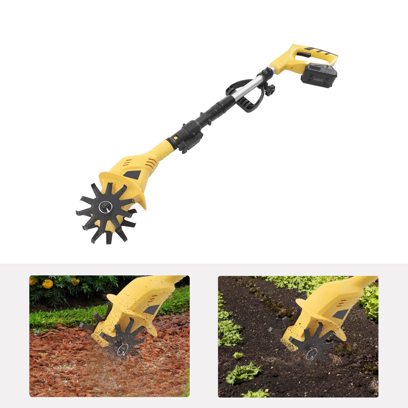 Motoazada eléctrica con batería, 250 rpm, fresadora de jardín eléctrica de 20 V con batería de 2000 mAh, extensible, portátil, azada de jardín eléctrica, para arar, voltear el suelo, abrir, deshierbar