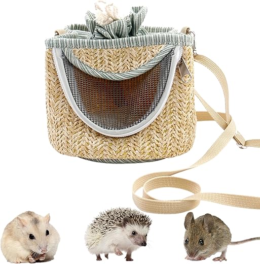 Pets on Safari Hamster Carrier Bag, Small Pet Outgoing Bag with Long Detachable Shoulder Strap, Straw Mesh Breathable Portable Outdoor Hangbag for Hamster Hedgehog Sugar Glider…