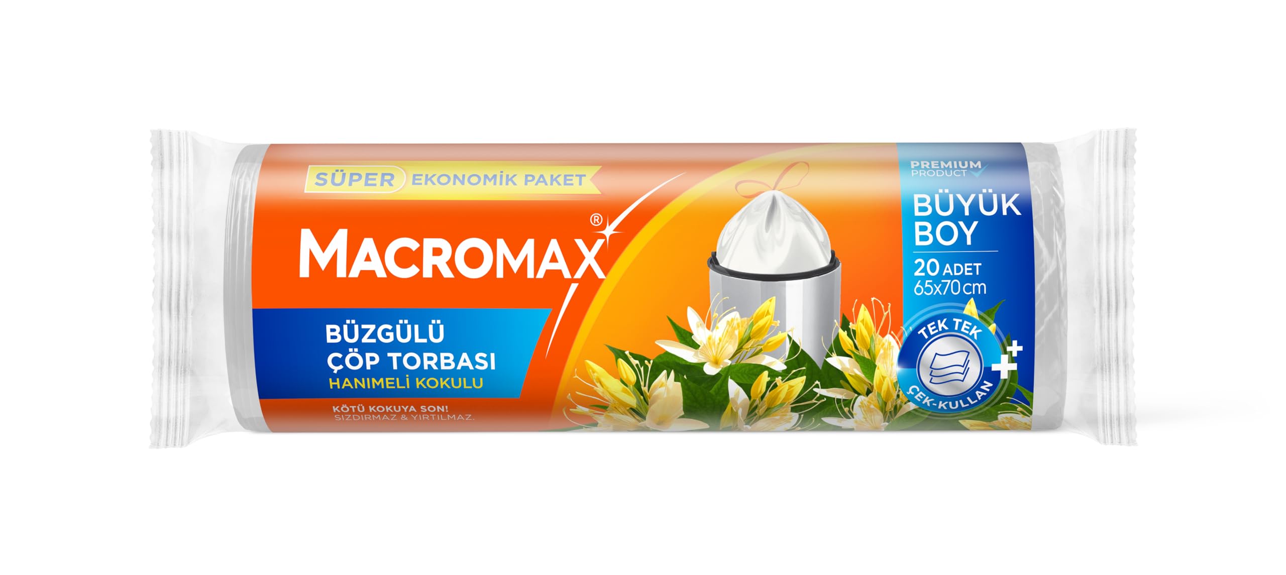 Büzgülü Çöp Torbası Büyük Boy (65x70cm) Hanımeli Kokulu 20 Adet Süper Ekonomik Paket