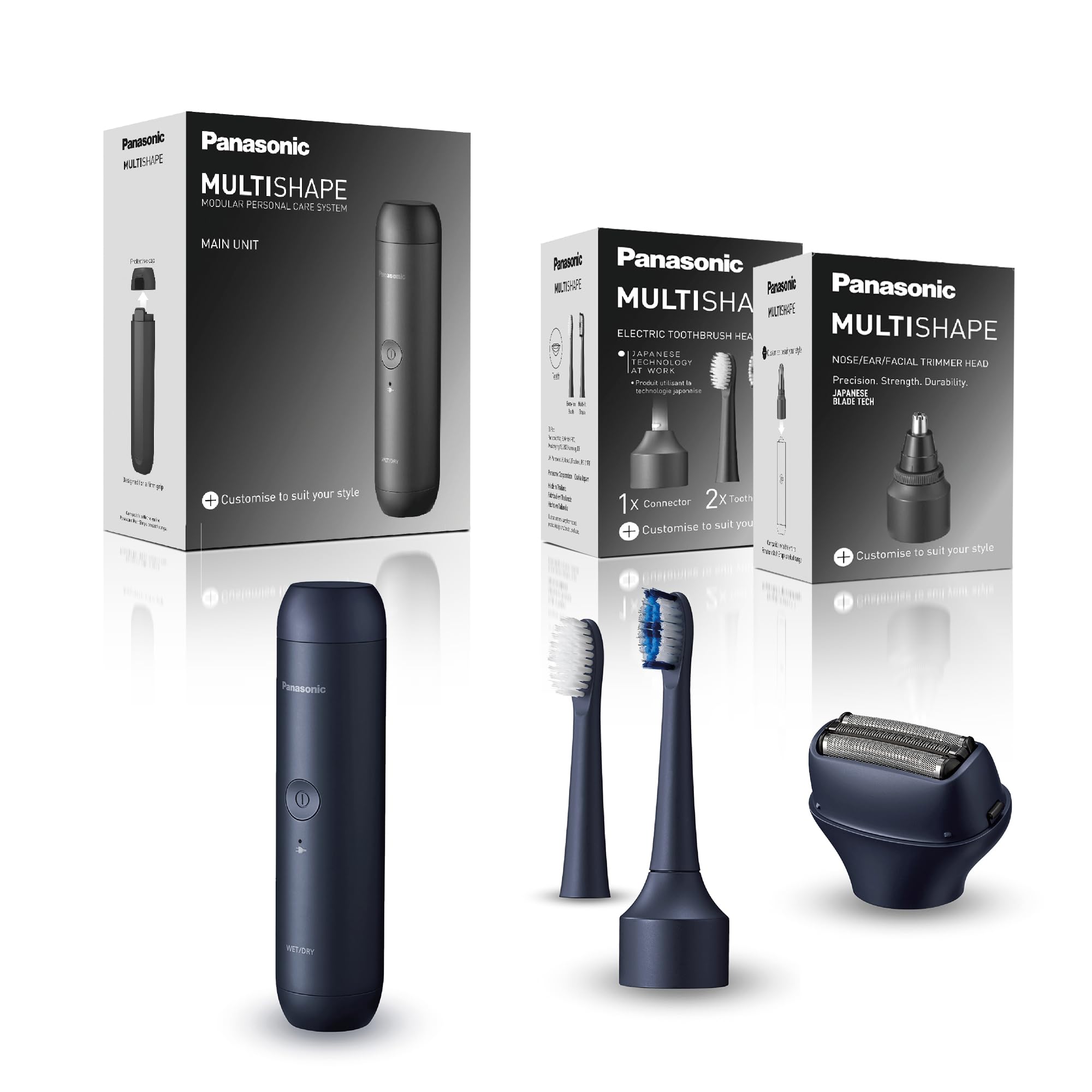 Panasonic MULTISHAPE ER-CBN1, ER-CTB1 & ER-CSF1 Set, Unidad principal para MULTISHAPE, Cabezal de cepillado eléctrico, Cabezal de afeitado eléctrico de 3 hojas con batería recargable Ni-MH, Negro