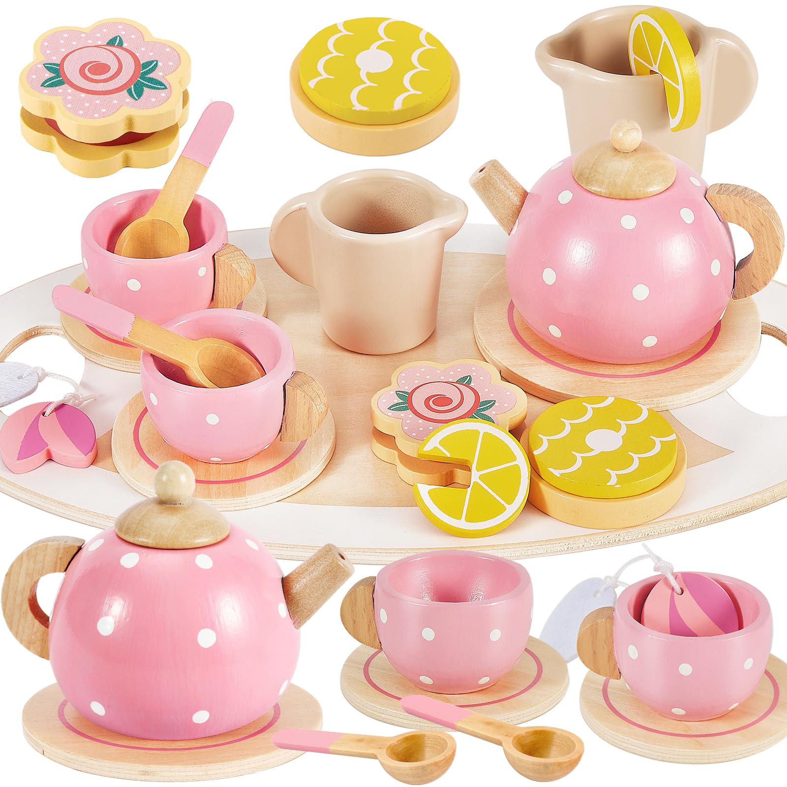 BUYGER Kids Wooden Tea Party Set for Little Girls Toddler Pretend Play Food Kitchen Accessories Princess Birthday Gifts for Ages 3 4 5 Years Old