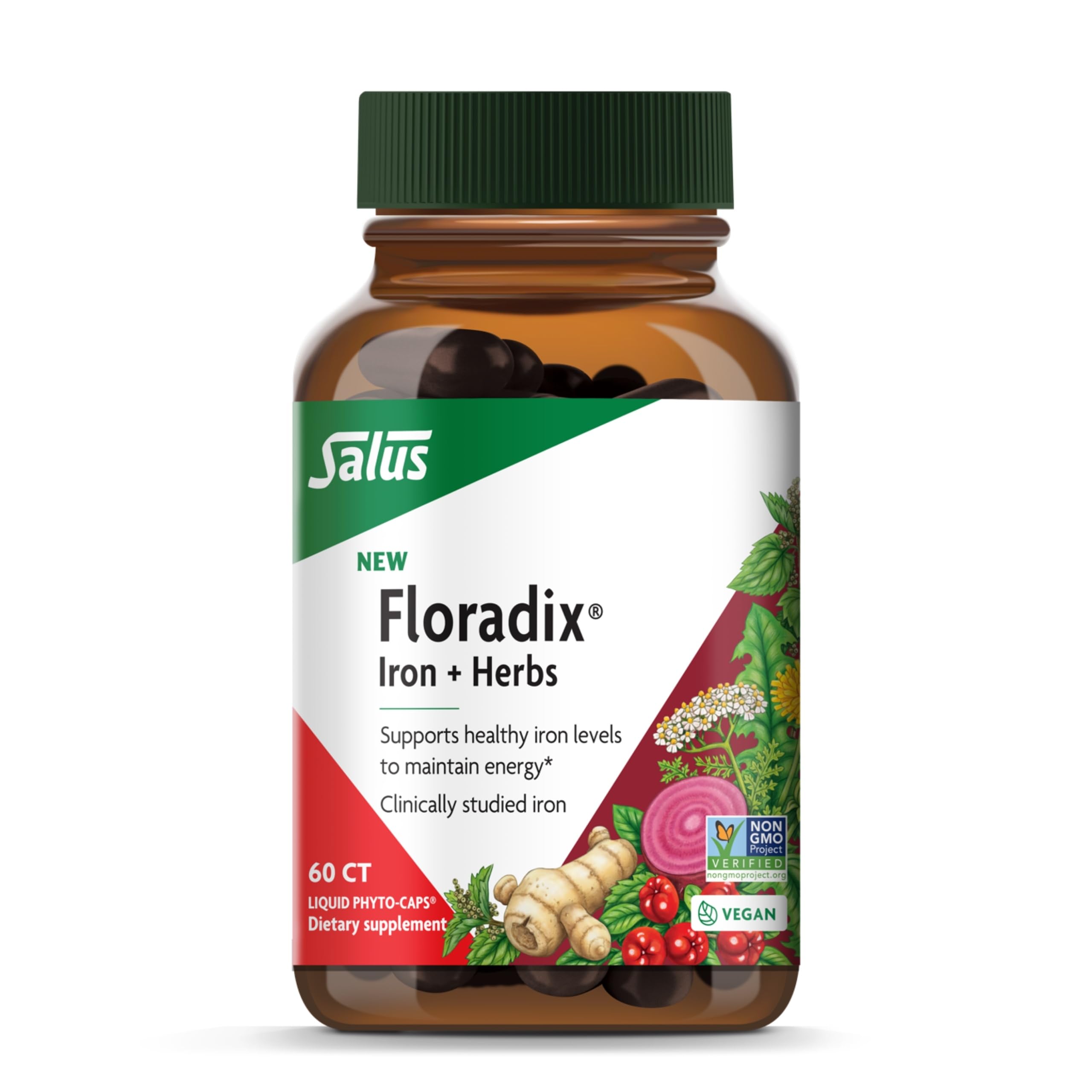 FloradixIron + Herbs - Iron Supplement for Healthy Energy Support* - Vegan, Non-GMO, Gluten-Free, Soy-Free - 60 Liquid Phyto-Caps