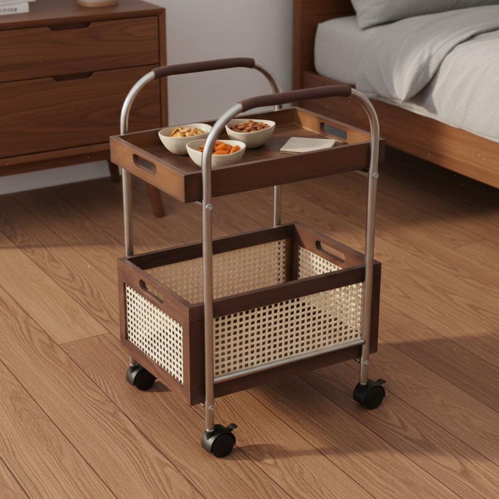 Carrello Portaoggetti Multistrato Carrello Due Ripiani Carrello con Ruote Carrello da Servizio Stile Retrò con Elementi in Rattan E Vassoi in Legno, Natural, Wave Tray