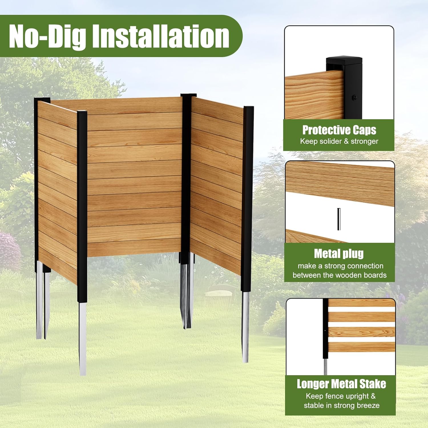 Outdoor Privacy Fence 3P-38''W x 42''H Wood Fence Privacy Screen No Dig Fence Panels, Fencing for Garden Patio Pool Equipment Enclosure Trash Bin Air Conditioner, Privacy Fence Panels Horizontal,Black