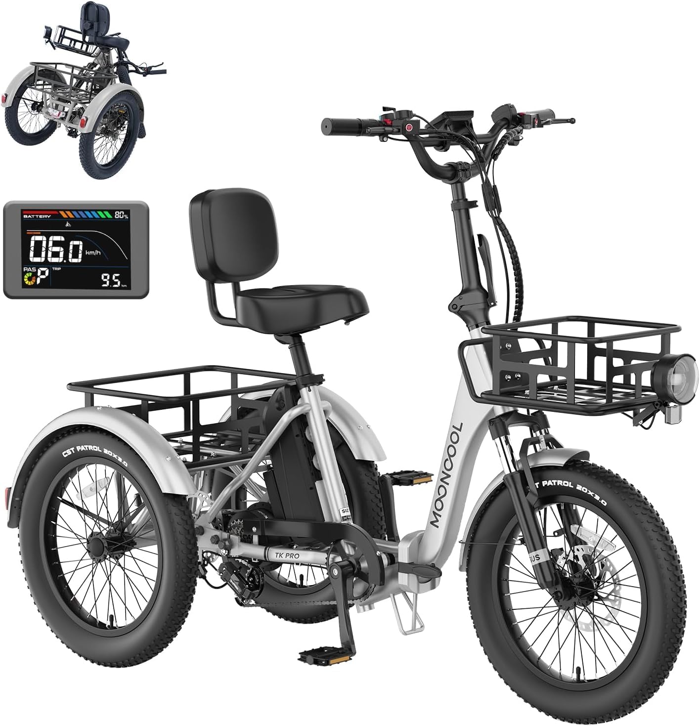MOONCOOL Folding Electric Trike, 20" Electric Tricycle for Adults, 3“ Fat Tire 3 Wheels Electric Bicycle Bikes, 48V 500W/750W Motorized Ebike, Aluminum Frame, Removable Battery Basket