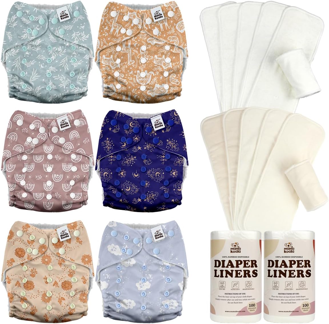 Mama Koala 3.0 Baby Cloth Diapers with 6 Inserts Bundle, with 6pcs 6-Layer Bboo Hemp Cotton Inserts, and 2 Rolls Natural Liners