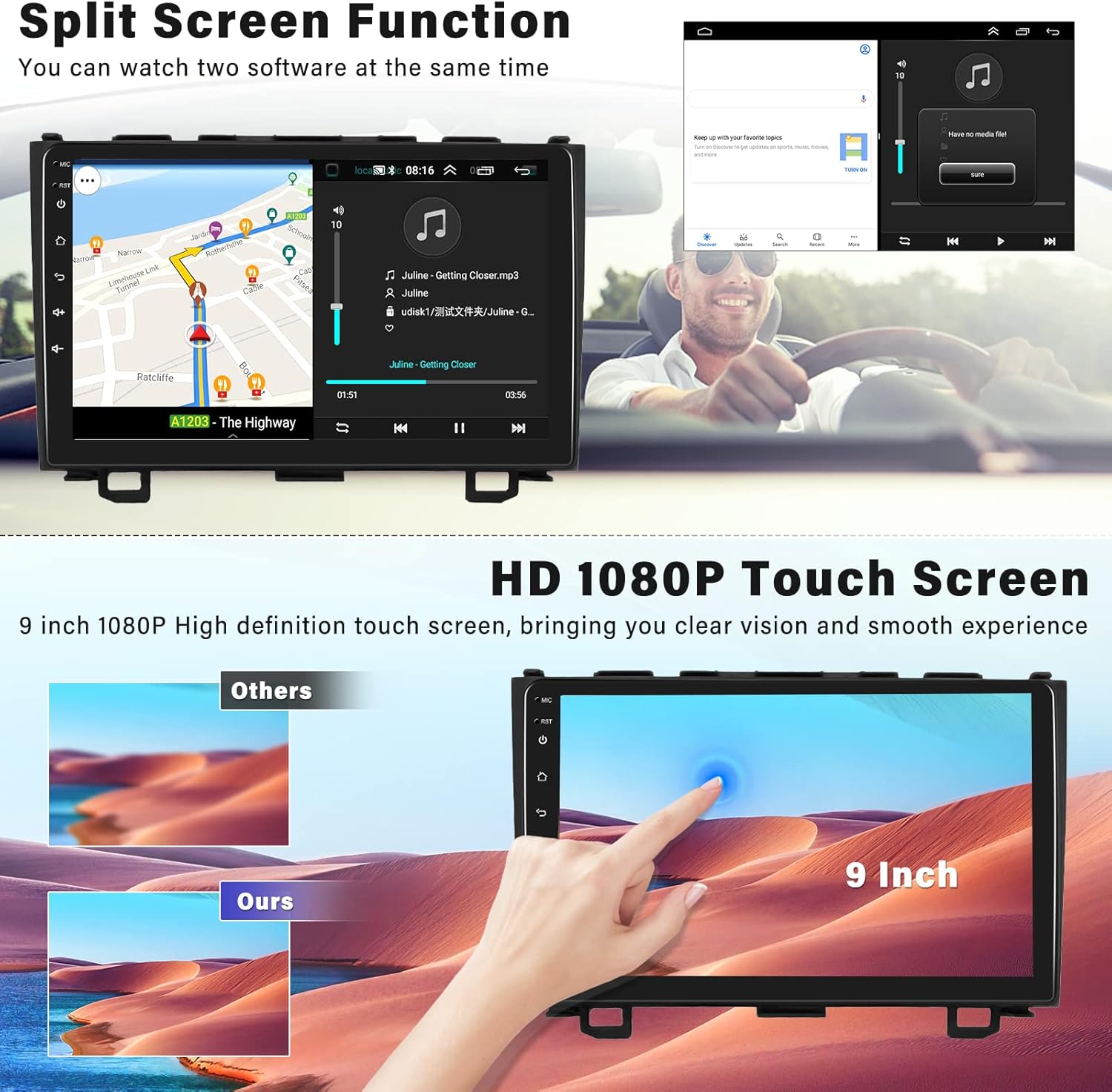 Split screen function showing navigation and music apps