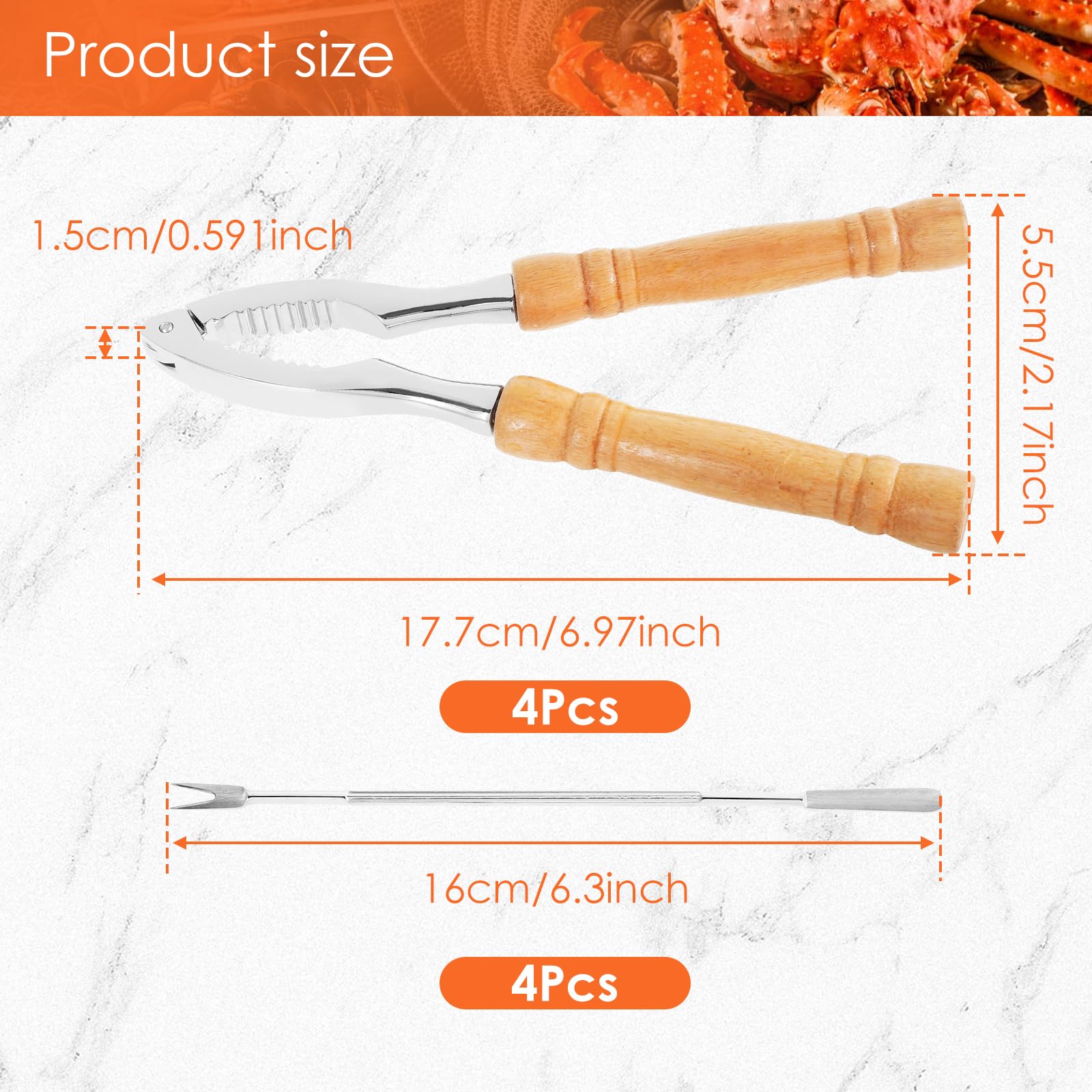 4Pcs Crab Leg Crackers with 4 Picks Sturdy Seafood Cracker Tool with Nonslip Wood Handle Efficient Lobster Crackers Seafood Cracker Nut Crackers for Seafood Nuts Walnuts(8,silver)