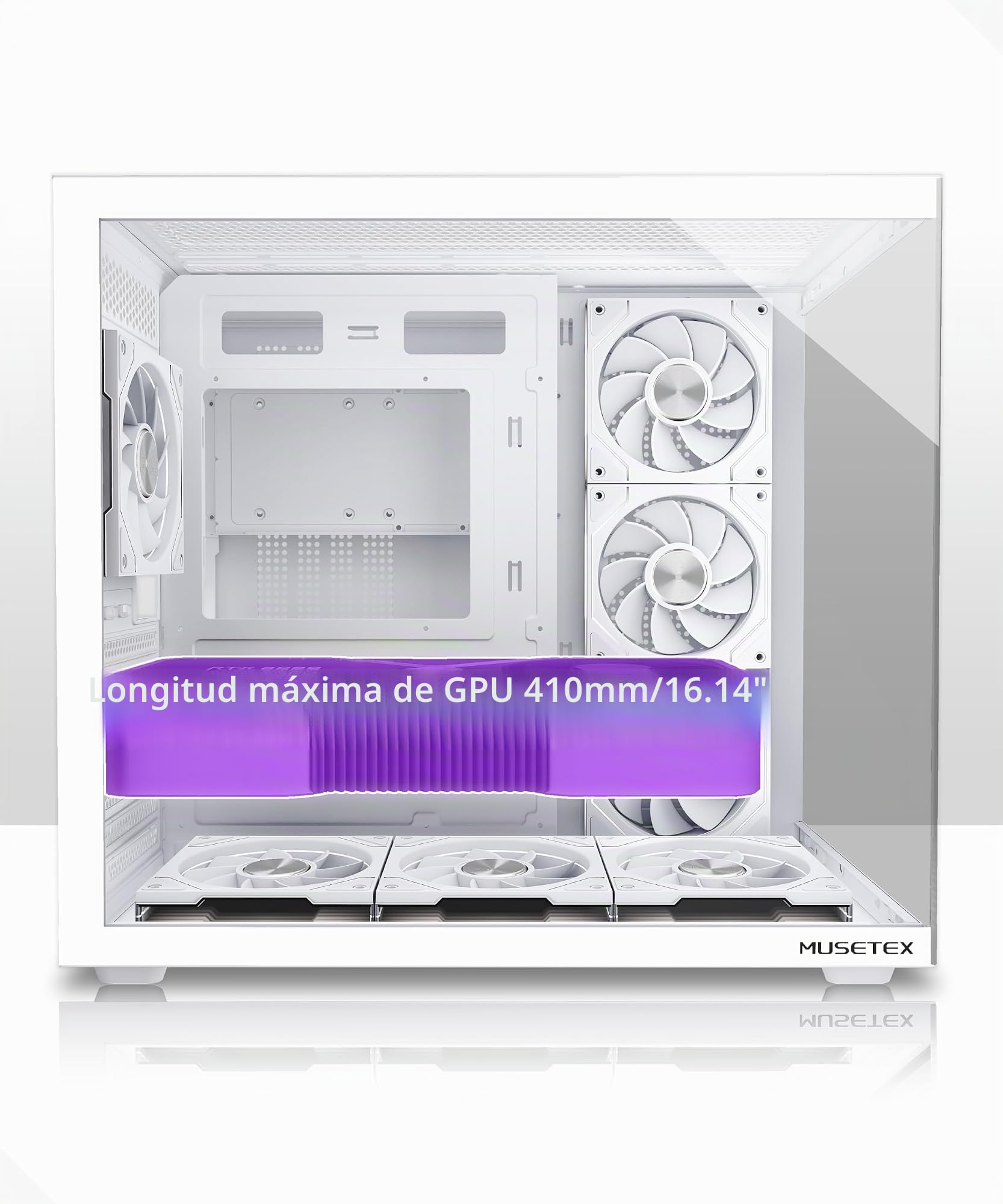 MUSETEX Y6 Caja PC ATX Torre Mediana, 7 Ventiladores PWM ARGB Espejo Infinito, Tipo-C, Cristal Templado 270°, Blanco