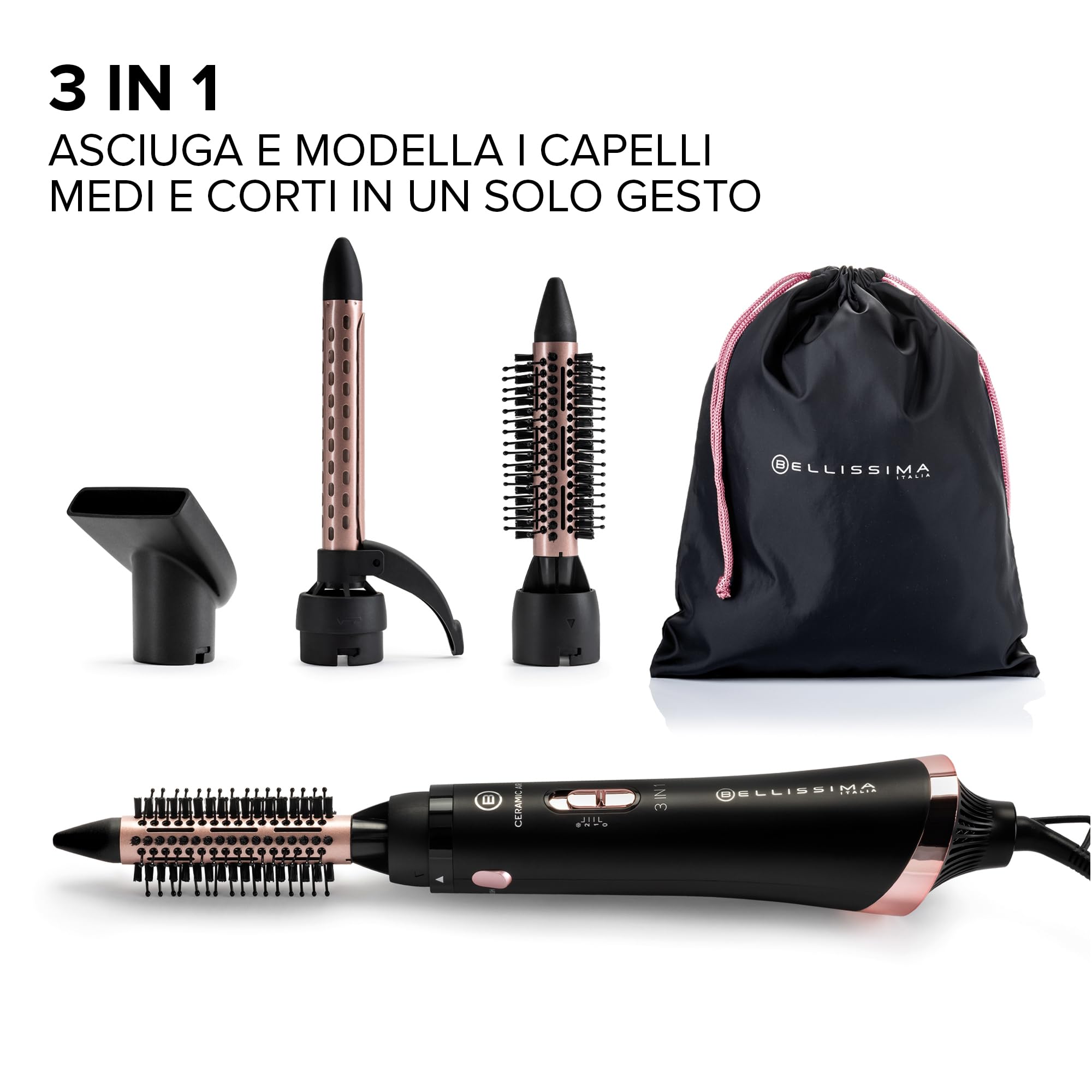 BELLISSIMA Imetec Spazzola ad aria calda 3 in 1 Ceramic Air, Spazzola Modellante e Asciugacapelli per Capelli Corti e Medi, Rivestimento ceramico, 2 combinazioni aria/temperatura, colpo aria fredda