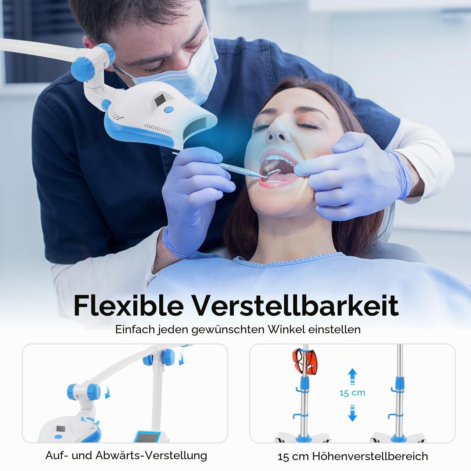 Dental LED Whitening Lampe, Teeth Whitening Device mit Rädern, Timer und Klinikeinstufung Zahnaufhellung Accelerator Zahn Bleaching – 3 Lichtfarben & Touchscreen