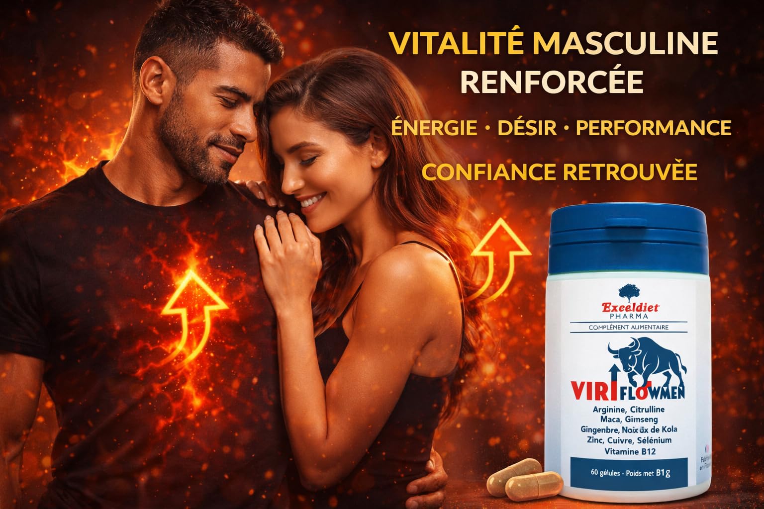 ViriflowMen – Complément Alimentaire Homme | Libido, Énergie Masculine, Vitalité & Endurance | Arginine, Citrulline, Ginseng, Maca, Kola, Gingembre | Vitamine B12 & Minéraux | 60 Gélules