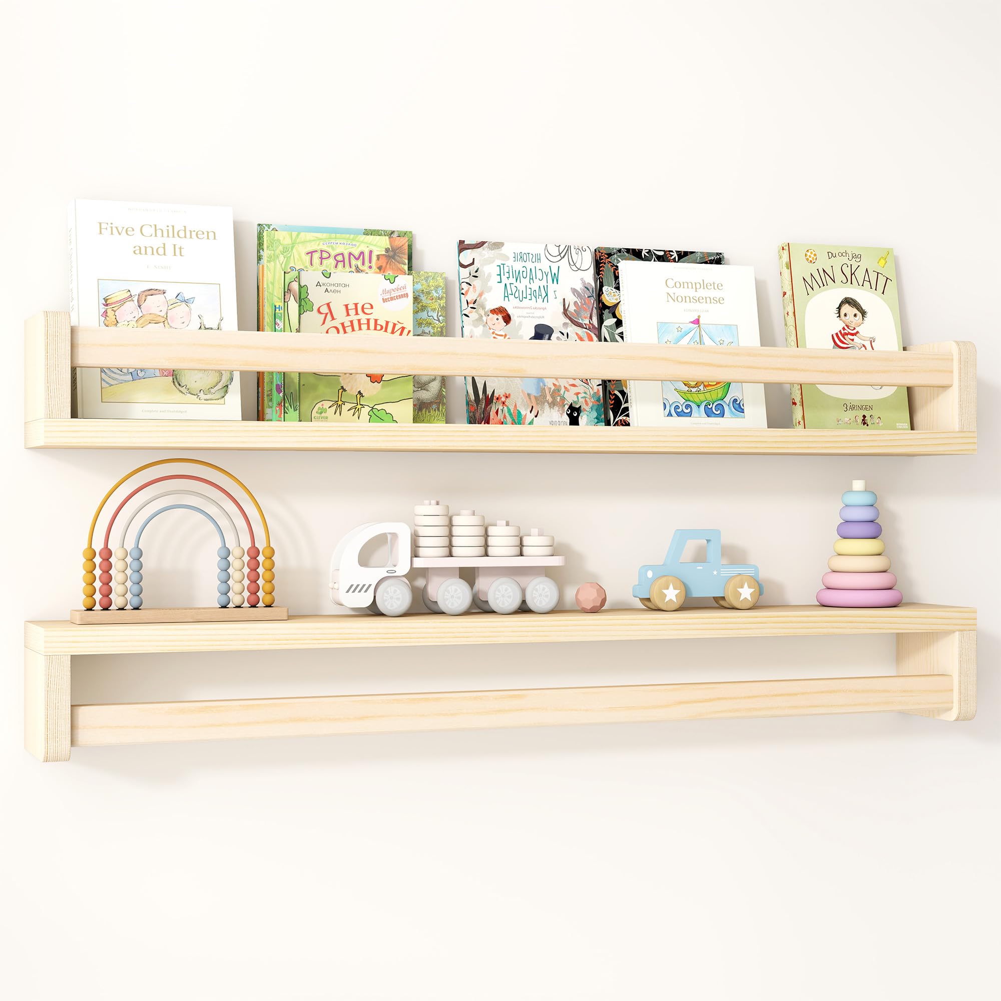 Fun Memories Nursery Book Shelves Set of 2, 81 cm Solid Wood Wall Book Shelves, Kids Room Floating Shelves Organizer & Toy Storage, Natural Nursery Decor