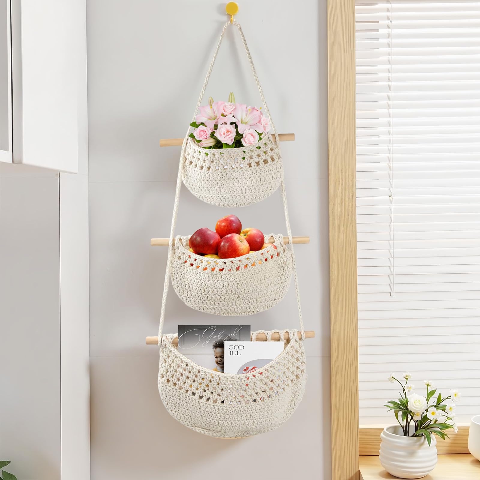 Obstkorb Hängend 3 Stöckiger Hängekorb Küche, Handgewebte Hängekorb Obst, Hängender Wandtasche Organizer für Obst, Snack und Gemüse Aufbewahrung