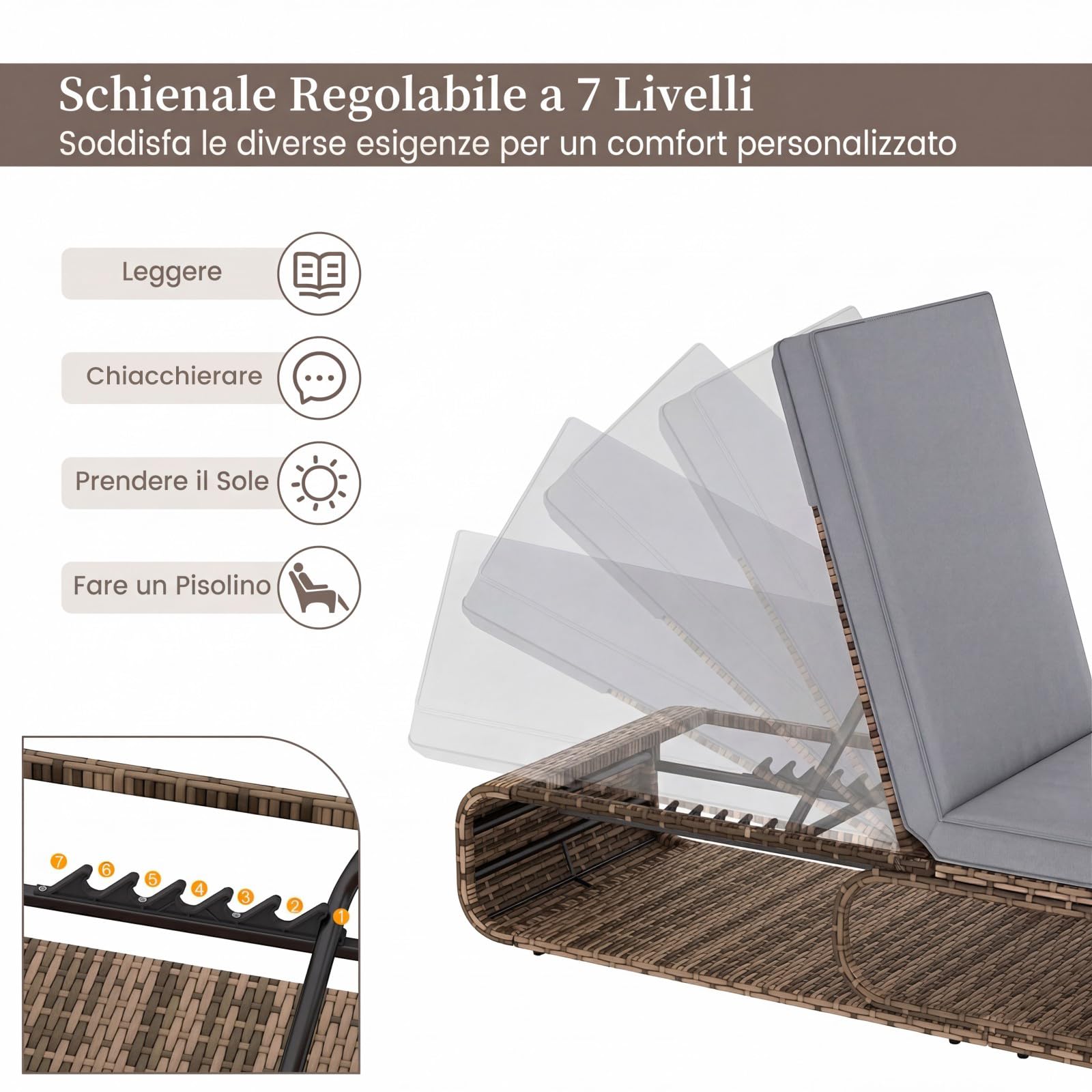 COSTWAY Sedia a Sdraio Imbottita in Rattan PE, Lettino Prendisole con Cuscino Morbido, Spazio di Stoccaggio e Schienale Regolabile a 7 Posizioni, Portata 180 kg, per Piscina e Giardino (1, Grigio)