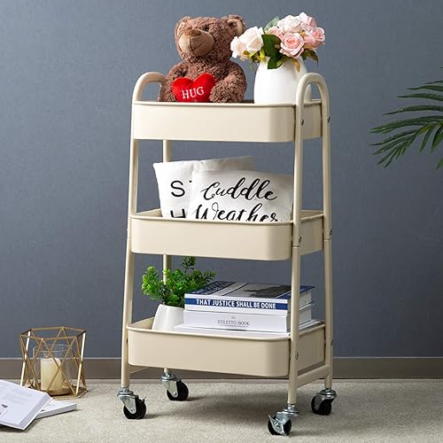 Miniatura 2 de AGTEK Carrito de maquillaje, Carrito organizador móvil rodante,Carrito utilitario de metal de 3 niveles, Beige