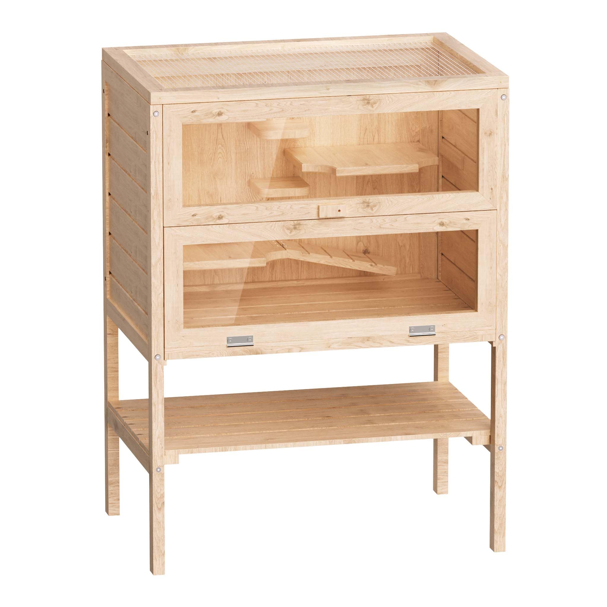 Wooden Rodent Cage 60x40x80cm with 3 Floors, Acryl Glass Front & Hinged Cover for Hamster, Mice etc