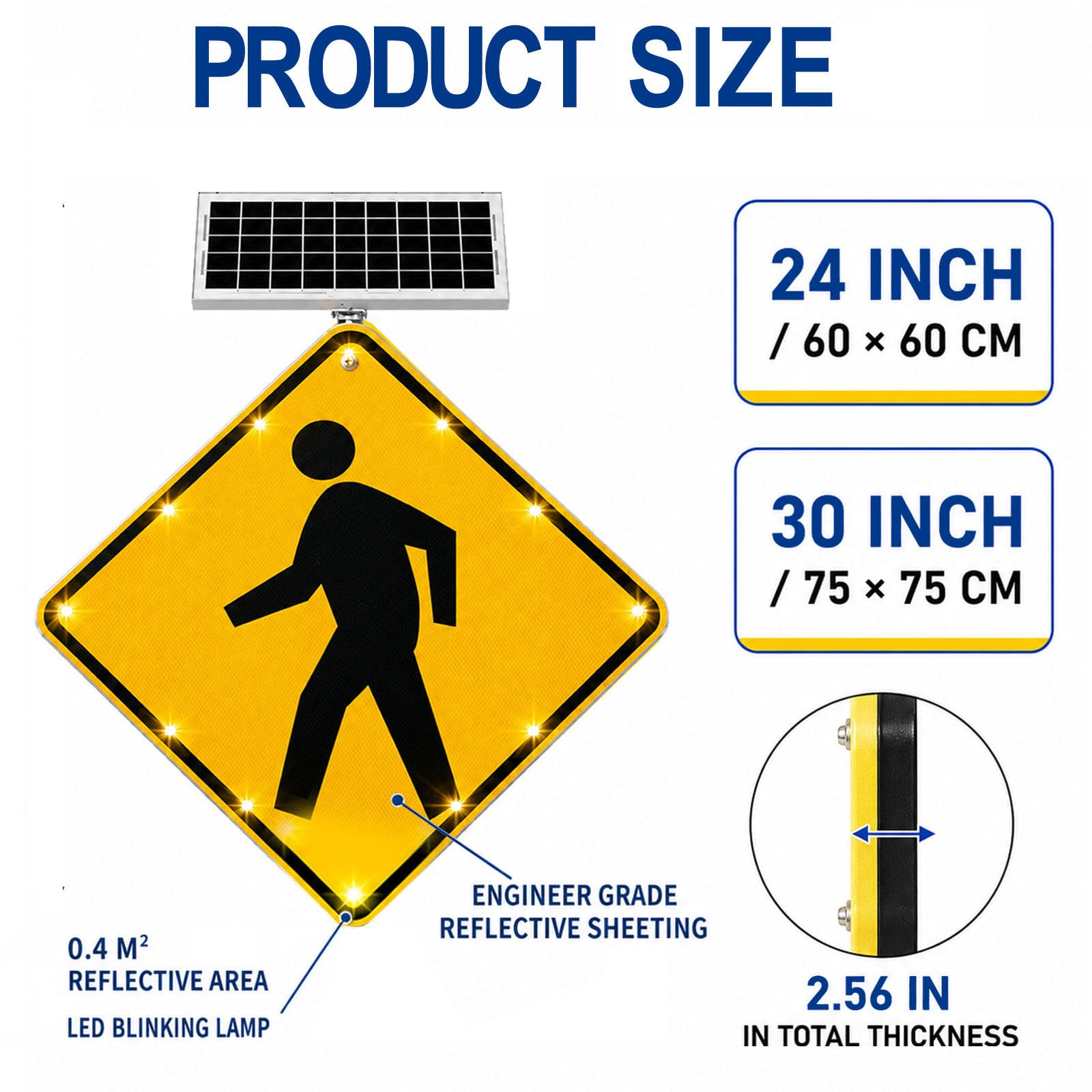 Señal de Paso de peatones Solar de 30 Pulgadas, 12 Luces 24IN | pulgadas de espesor total, distancia visual de 800 m, para entradas de vehículos e intersecciones de parques industriales