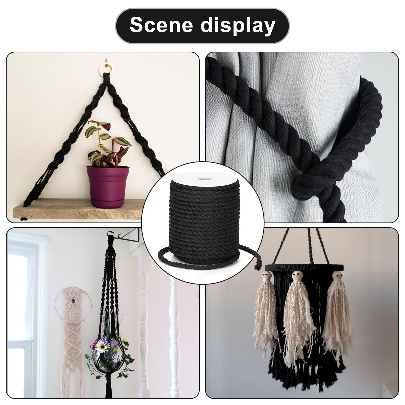 KINGLAKE Cuerda de algodón suave negra de 8 mm, 20 m, cuerda trenzada gruesa para manualidades, tendedero de lavado, colgar en la pared, colgador de plantas, jardinería, decoración, reparación de